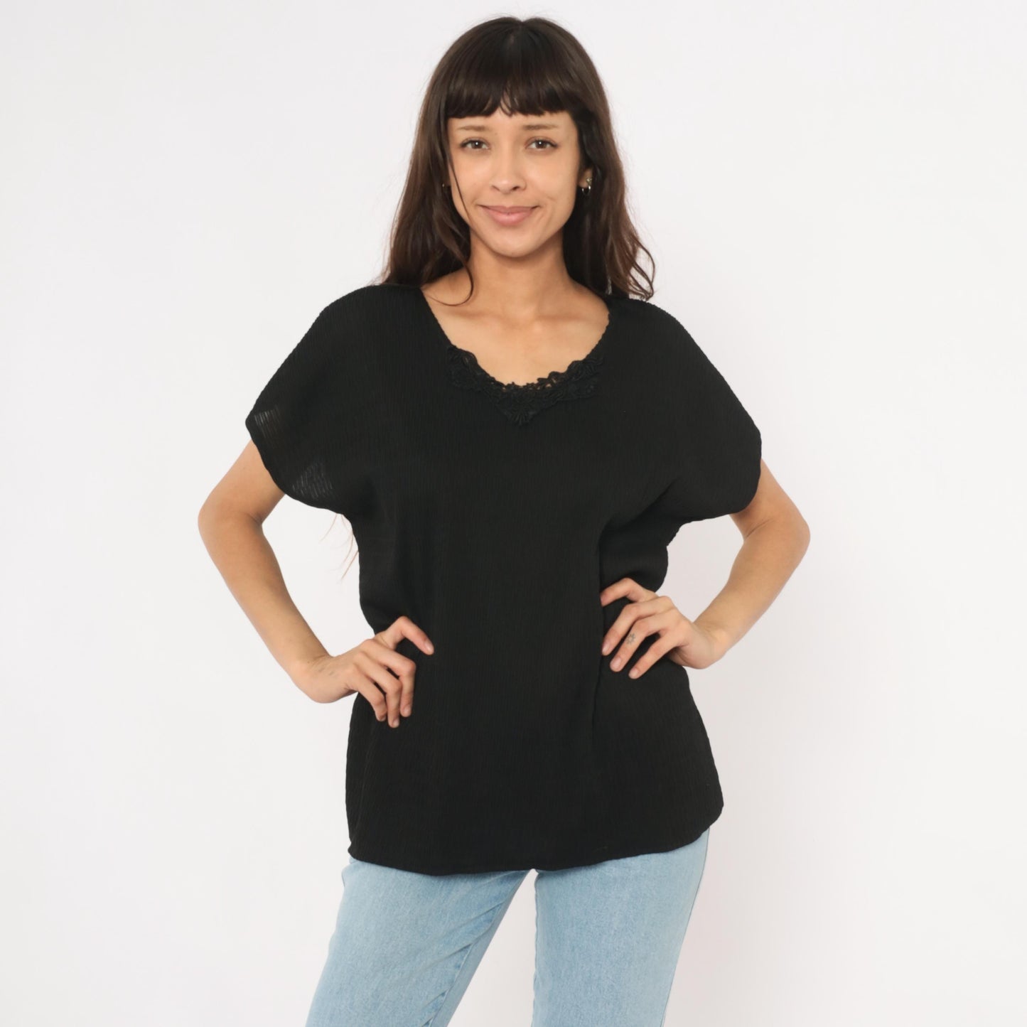 90s Copy Cats Black Lace Neckline Blouse Dolman Sleeve Tunic Extra Large XXL