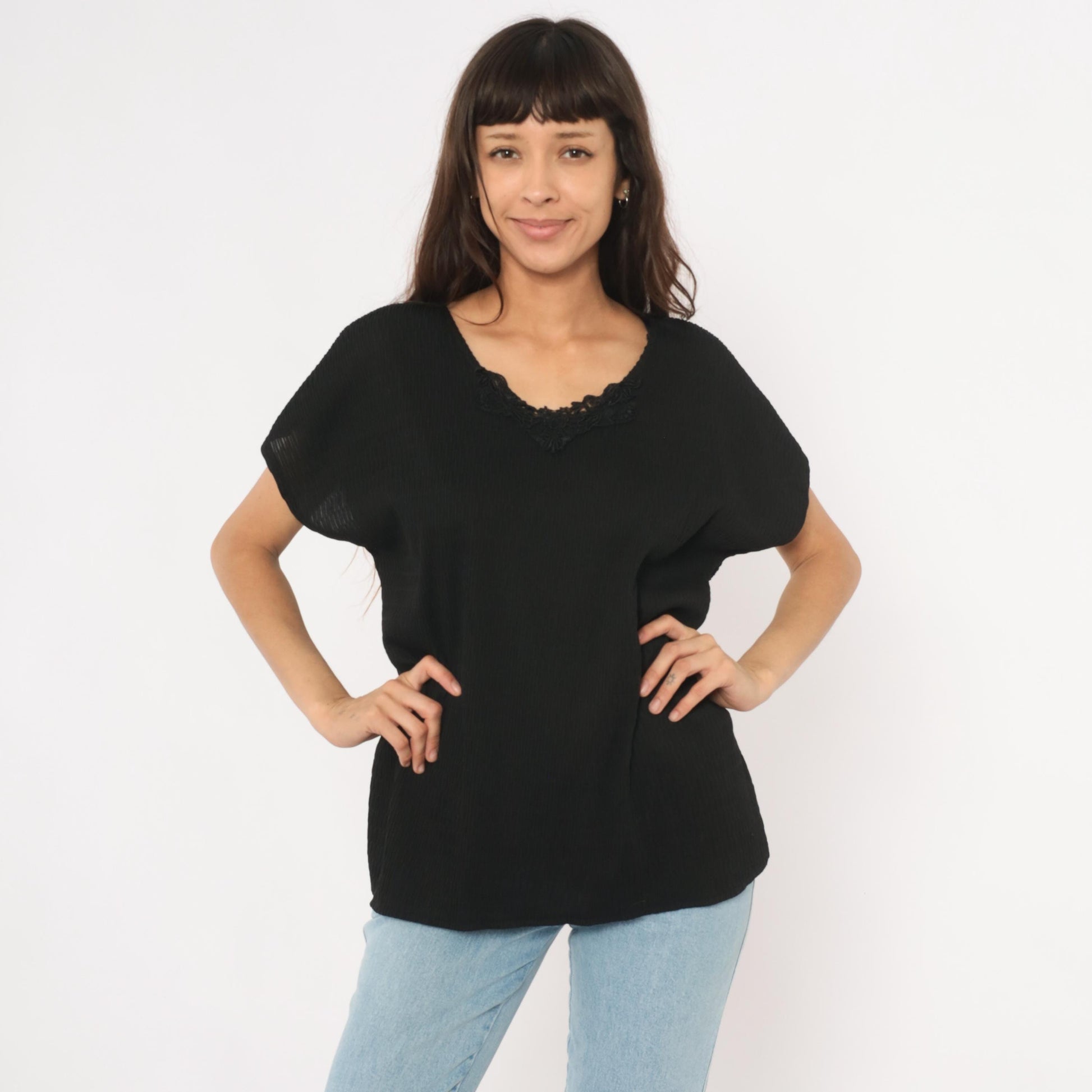 90s Copy Cats Black Lace Neckline Blouse Dolman Sleeve Tunic Extra Large XXL