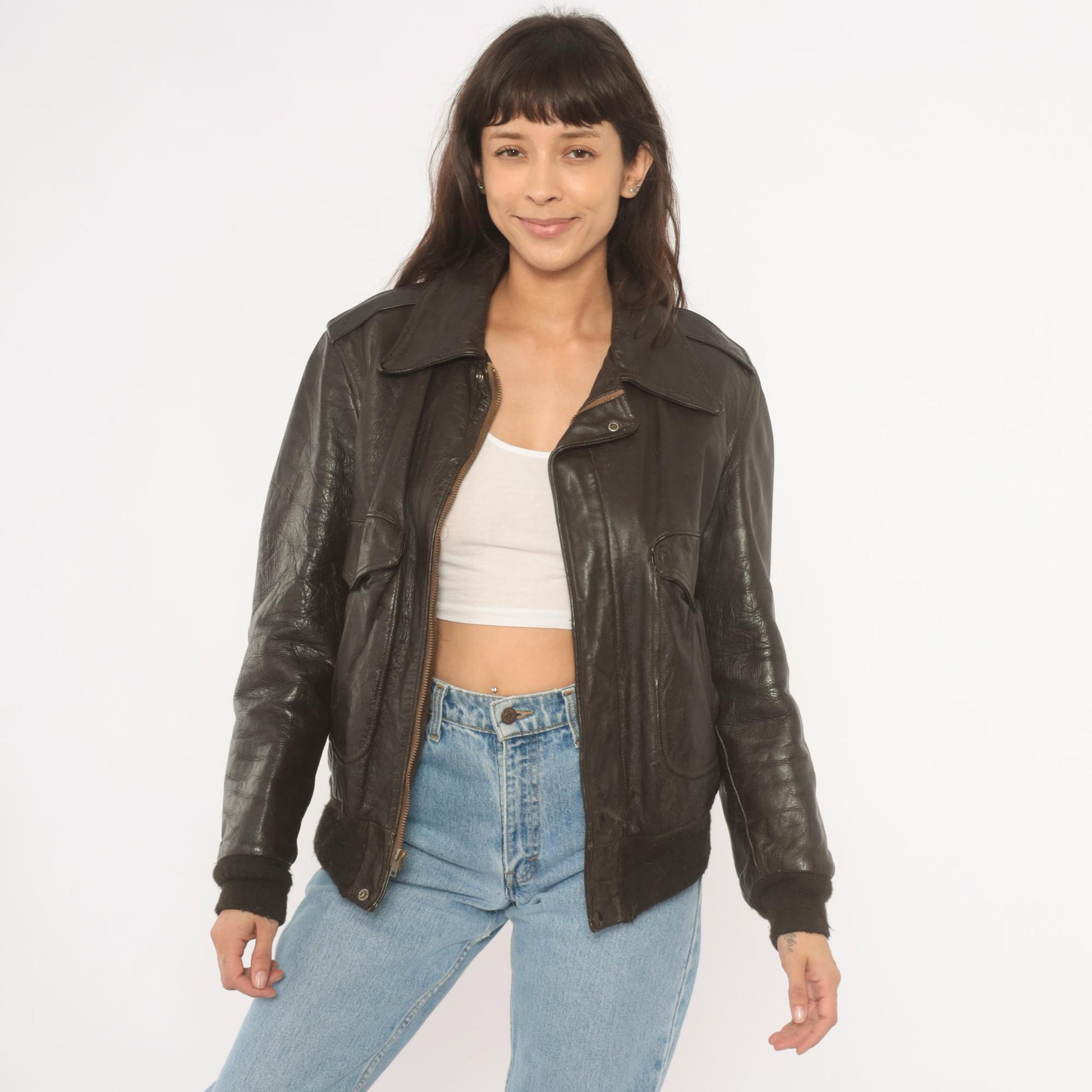 80s Golden Fleece Dark Brown Leather Bomber Jacket Cropped Small