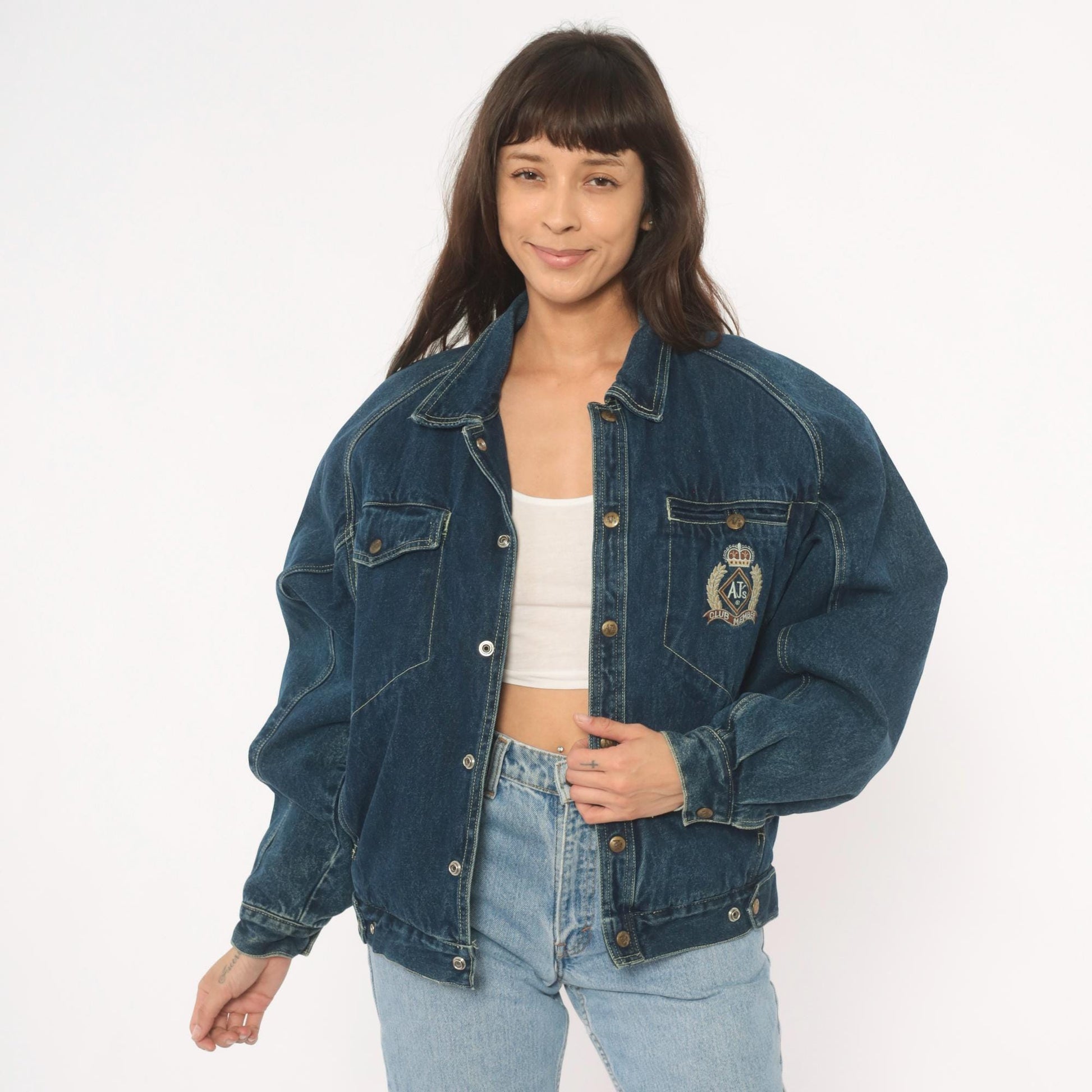 90s AJs Dark Wash Denim Bomber Jacket Embroidered Logo Small