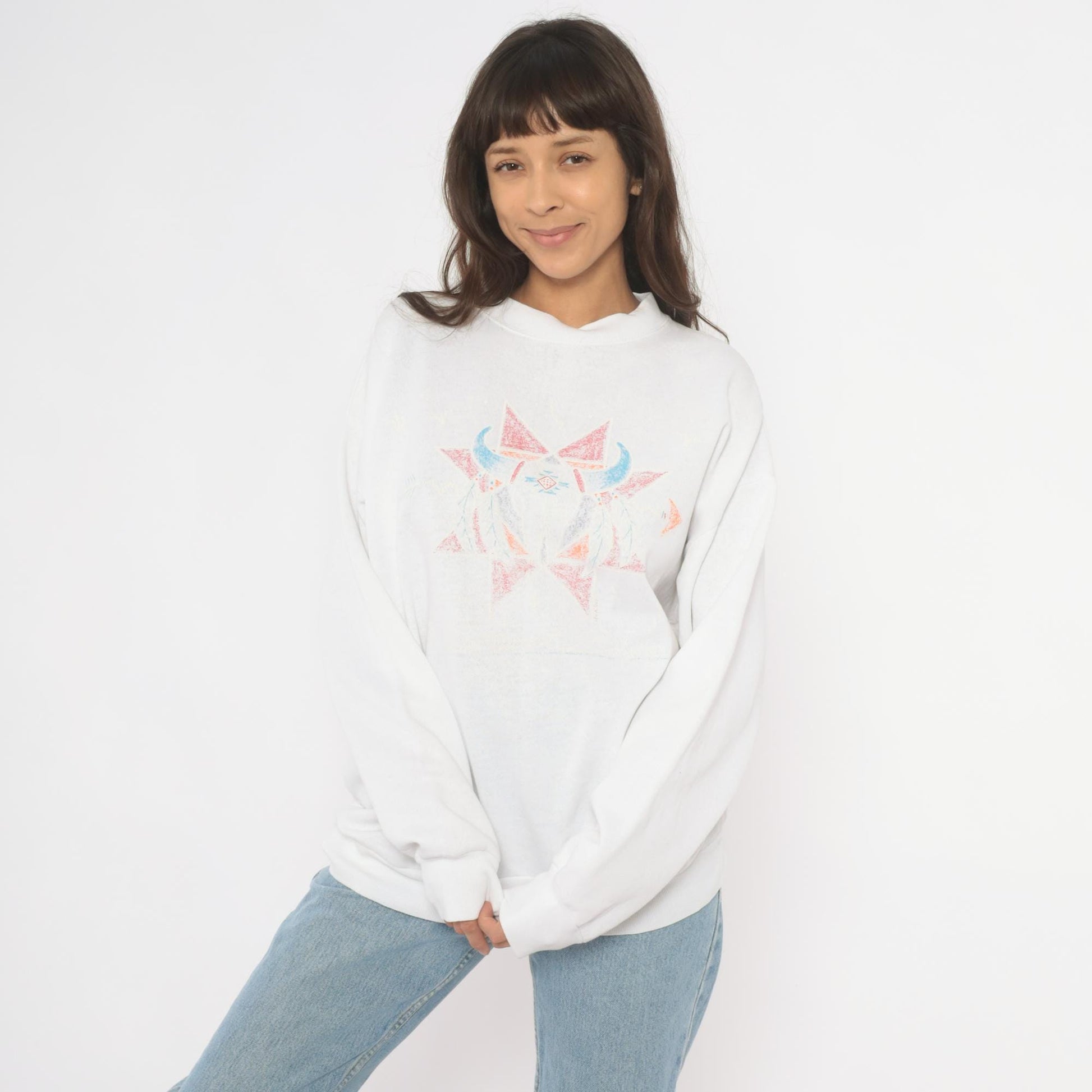 90s Tultex Southwestern Cow Skull Sweatshirt White Pastel Geometric Crewneck Extra Large XXL