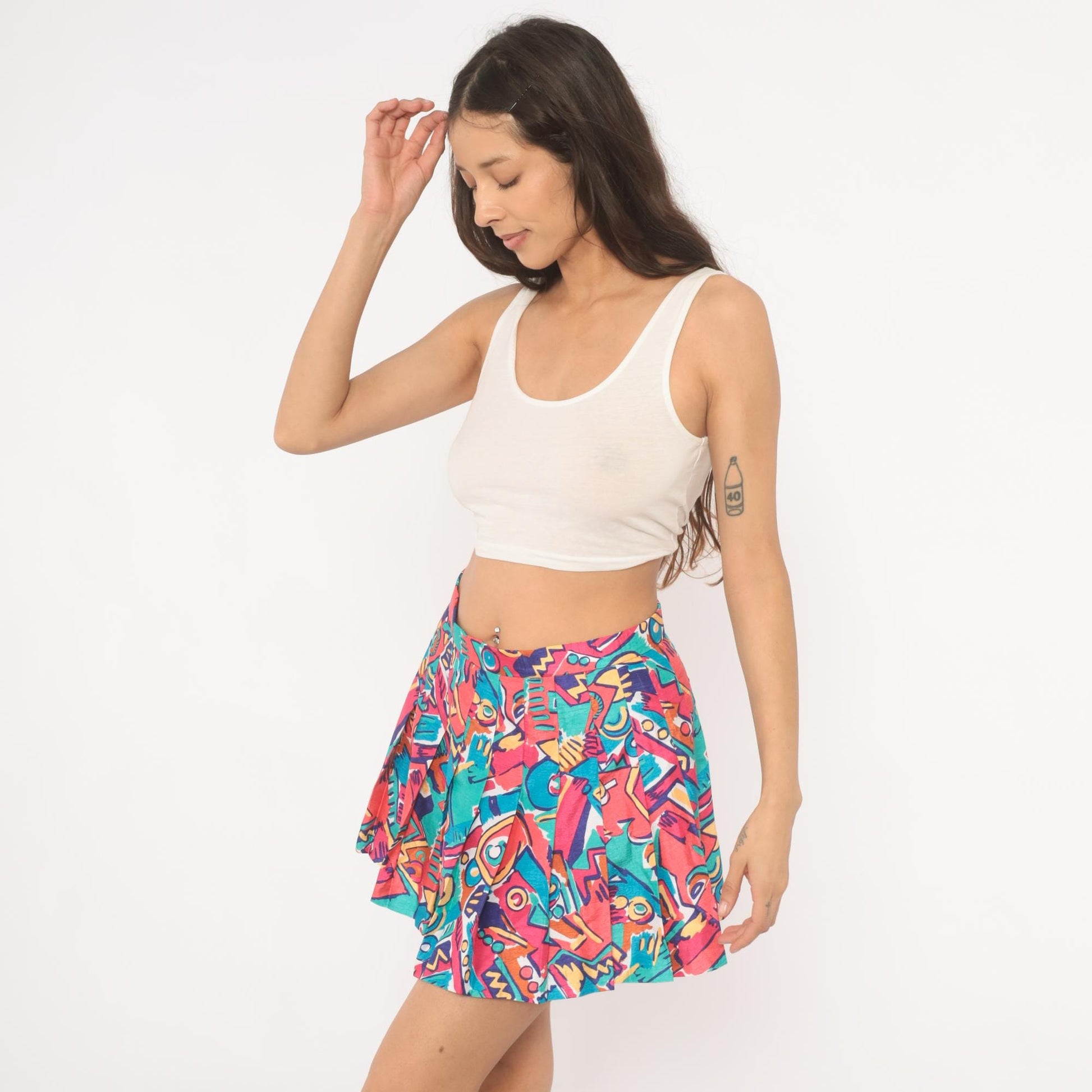 90s Lily's of Beverly Hills Pleated Mini Skirt Abstract Geometric Print Pink Teal Medium