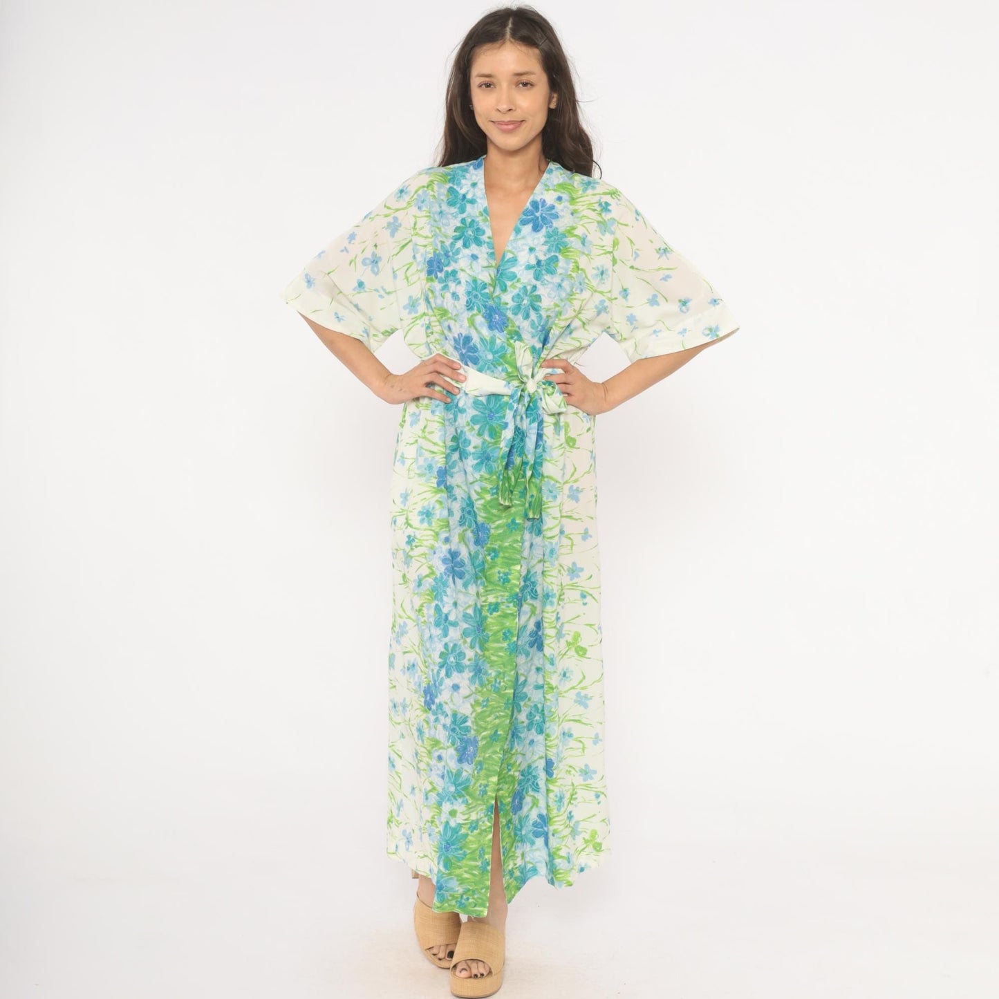 70s Floral Kimono Robe Maxi Wrap Dress Watercolor Print Blue Green Medium