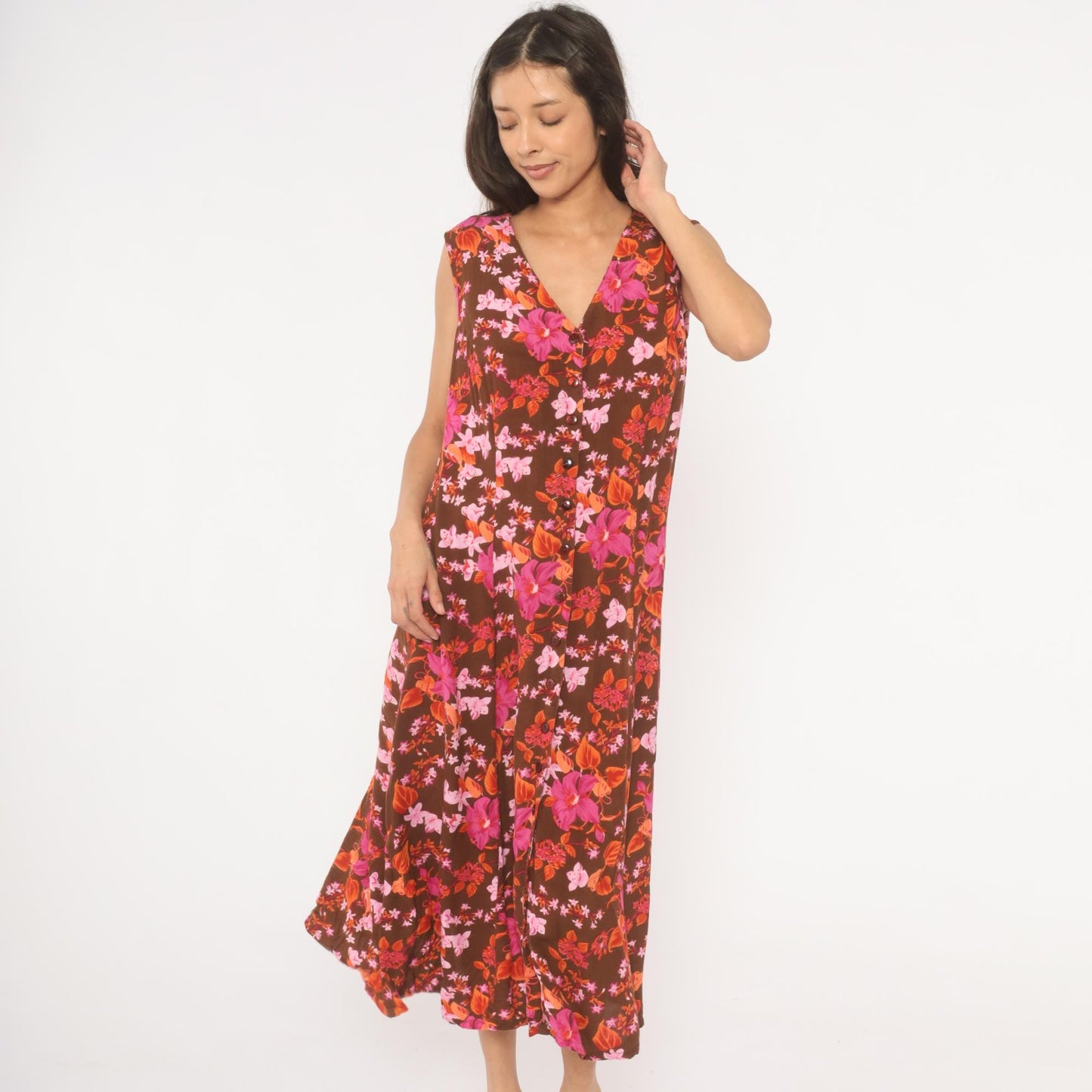 Y2K Roaman's Tropical Floral Midi Dress Brown Pink Orange Button Front Plus Size 14W