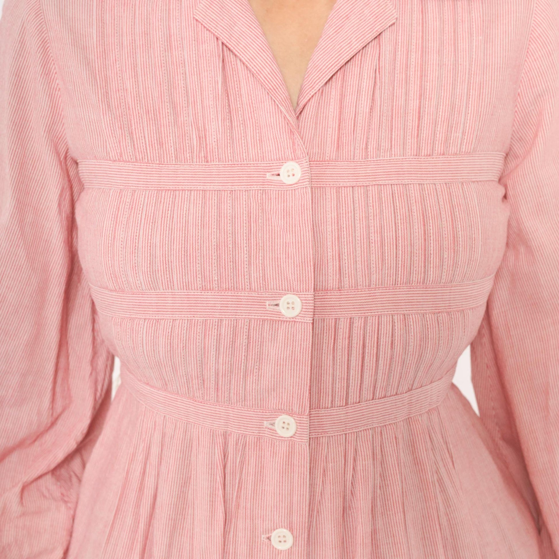 80s Nipon Boutique Pinstripe Shirtdress Pink Button Front Puff Sleeve XS