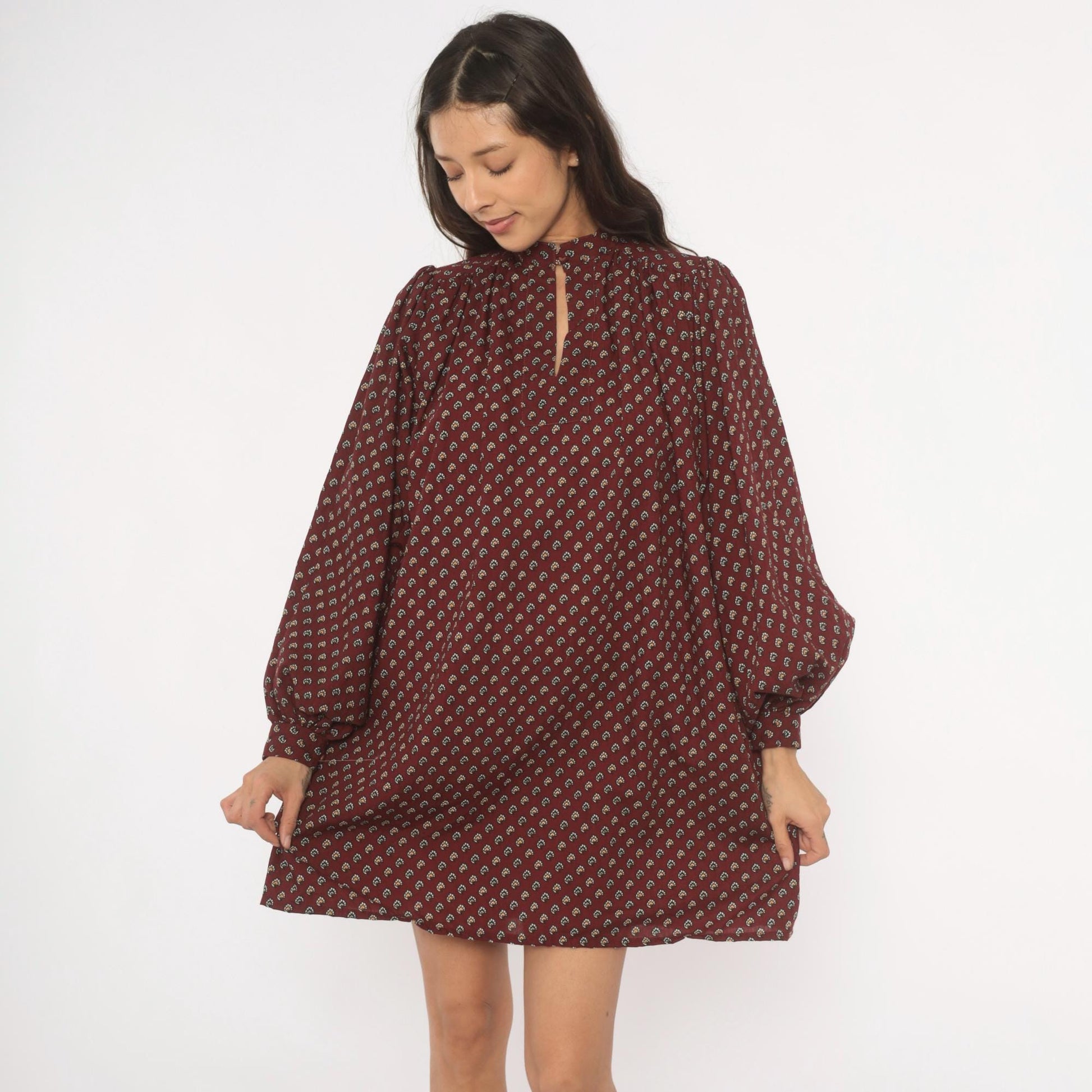 80s Hear Say Burgundy Floral Mini Dress Puff Sleeve Keyhole Band Collar Medium M