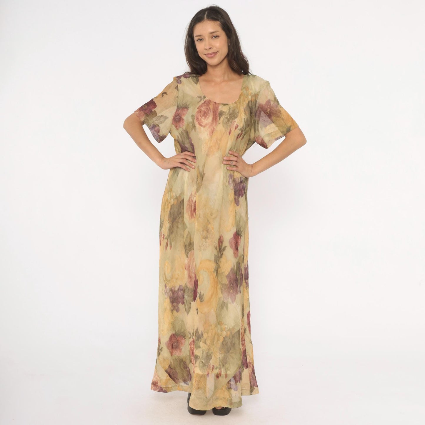 90s DE Frantoria Floral Maxi Dress Cream Rose Print Flutter Sleeve Extra Large