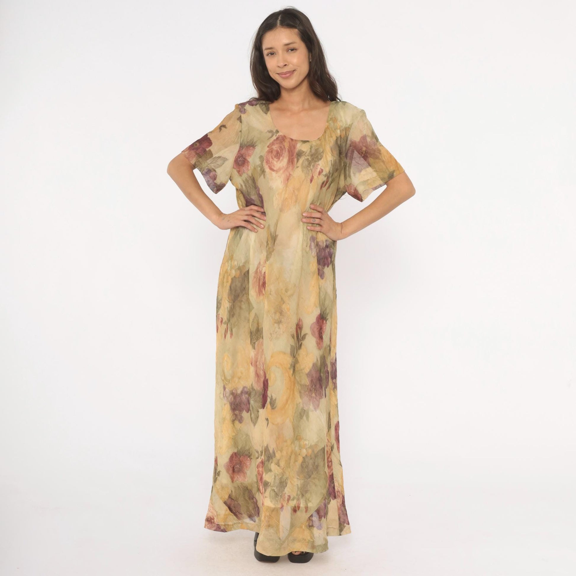 90s DE Frantoria Floral Maxi Dress Cream Rose Print Flutter Sleeve Extra Large