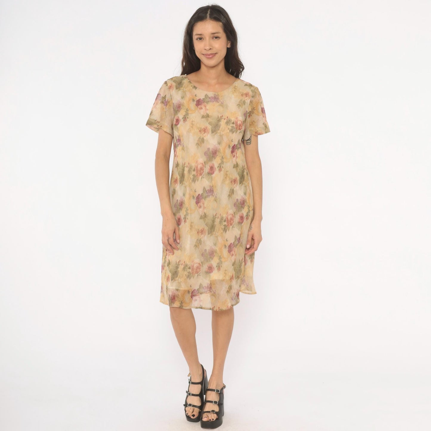 90s DJ Summers Floral Chiffon Dress Tan Rose Print Knee Length Medium M