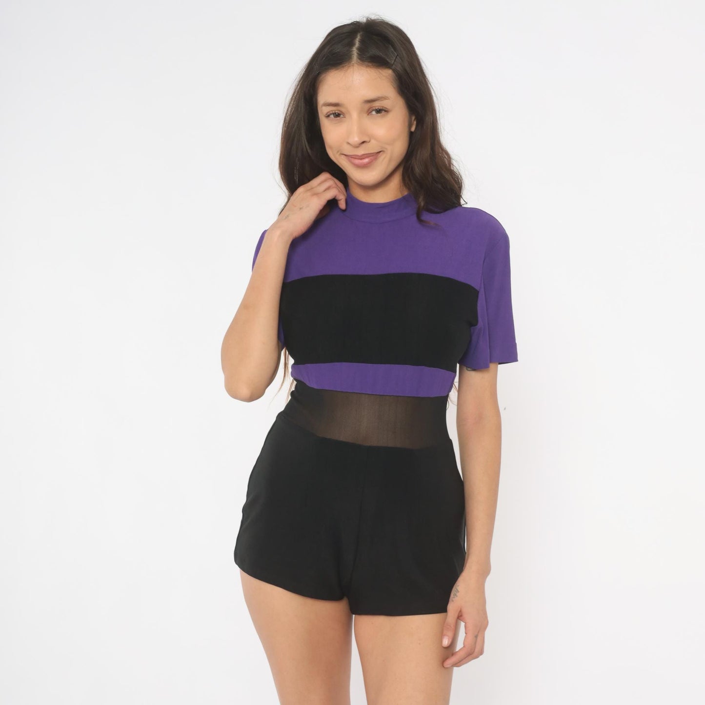 90s D.F. Summers Purple Black Color Block Romper Mesh Waist Medium M