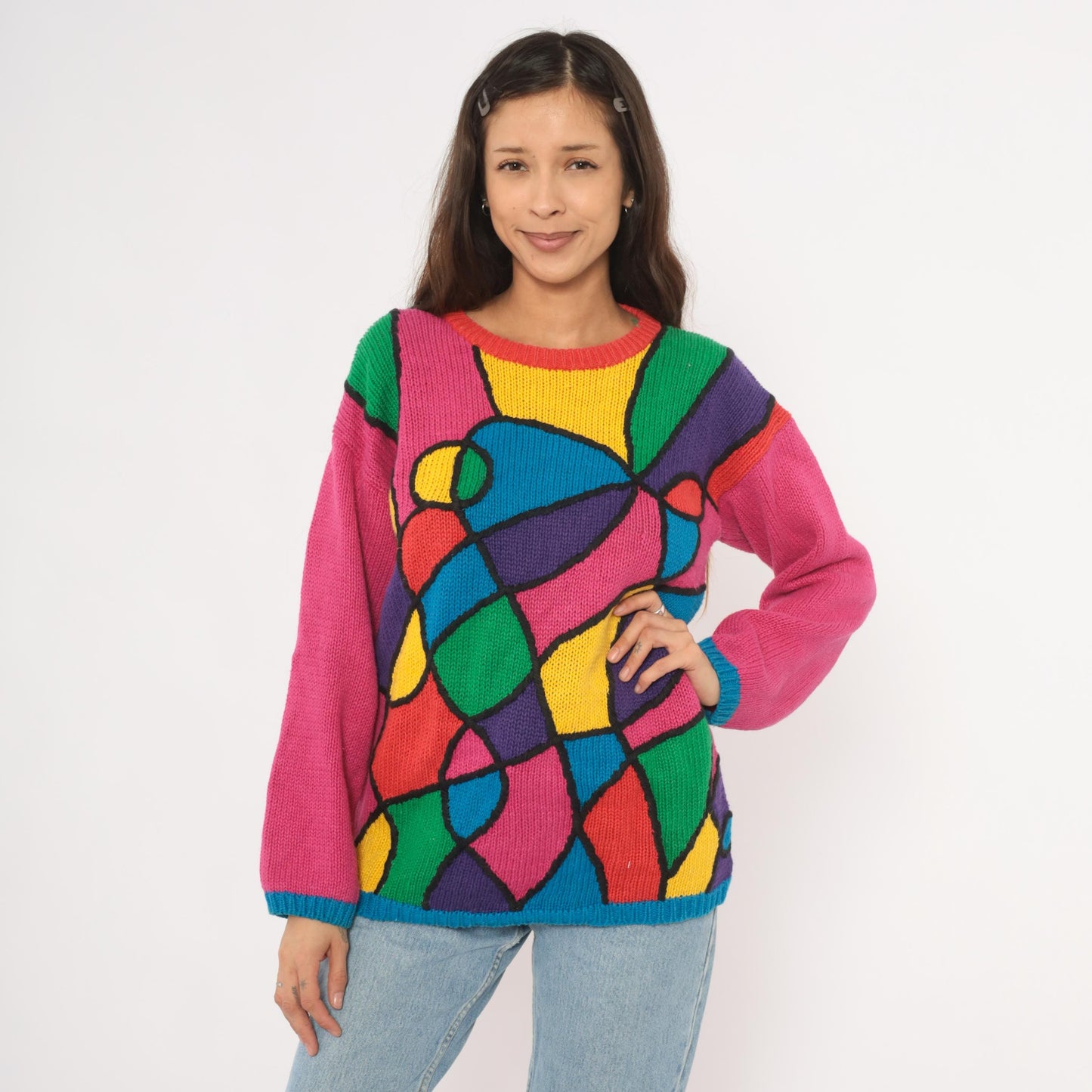 90s Reference Point Stained Glass Abstract Knit Pullover Multicolor Small