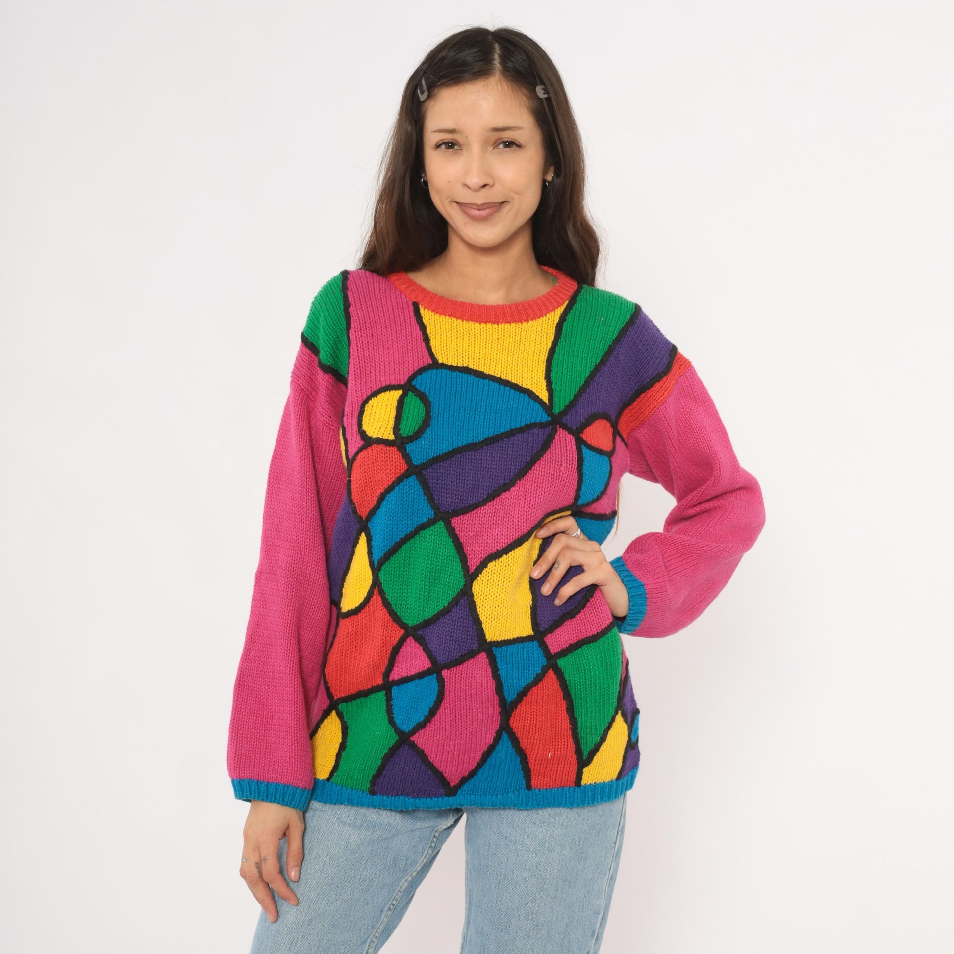 90s Reference Point Stained Glass Abstract Knit Pullover Multicolor Small