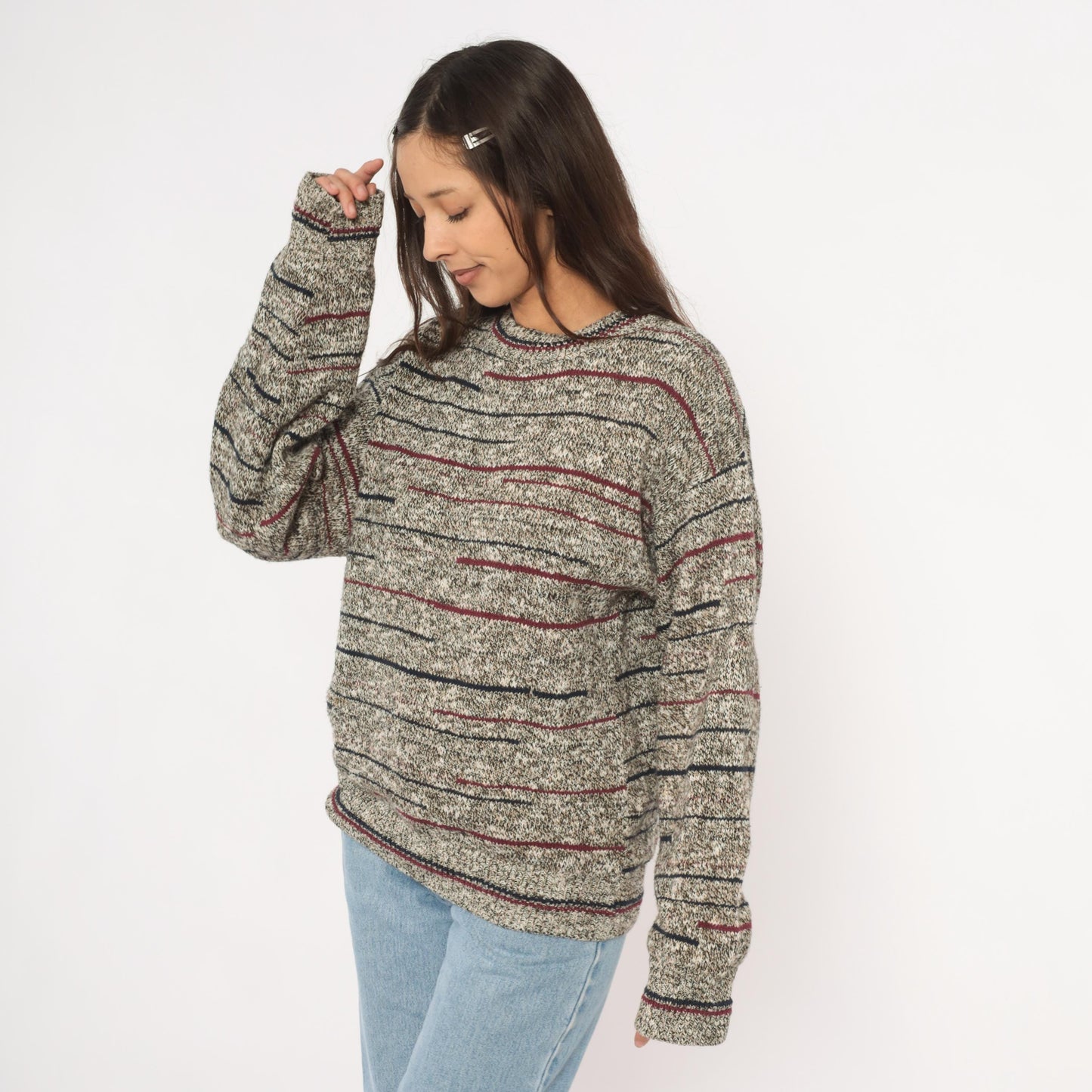 80s Bill Blass Marled Knit Striped Crewneck Pullover Burgundy Navy Grey Unisex Small