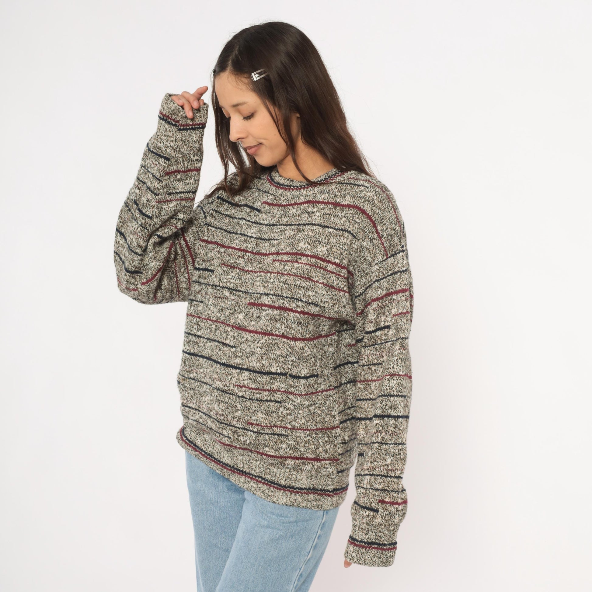 80s Bill Blass Marled Knit Striped Crewneck Pullover Burgundy Navy Grey Unisex Small