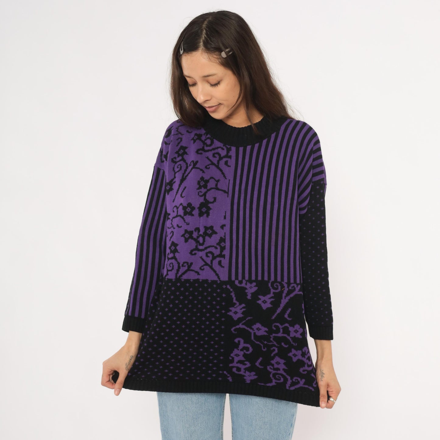 90s Sweater Exchange Purple Mock Neck Knit Patchwork Jacquard Large