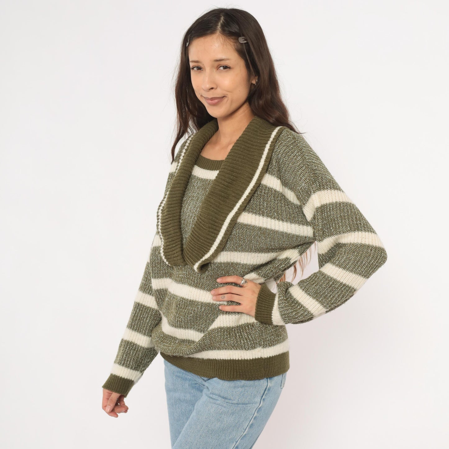 80s Olive Cream Striped Shawl Collar Sweater Knit Pullover Medium
