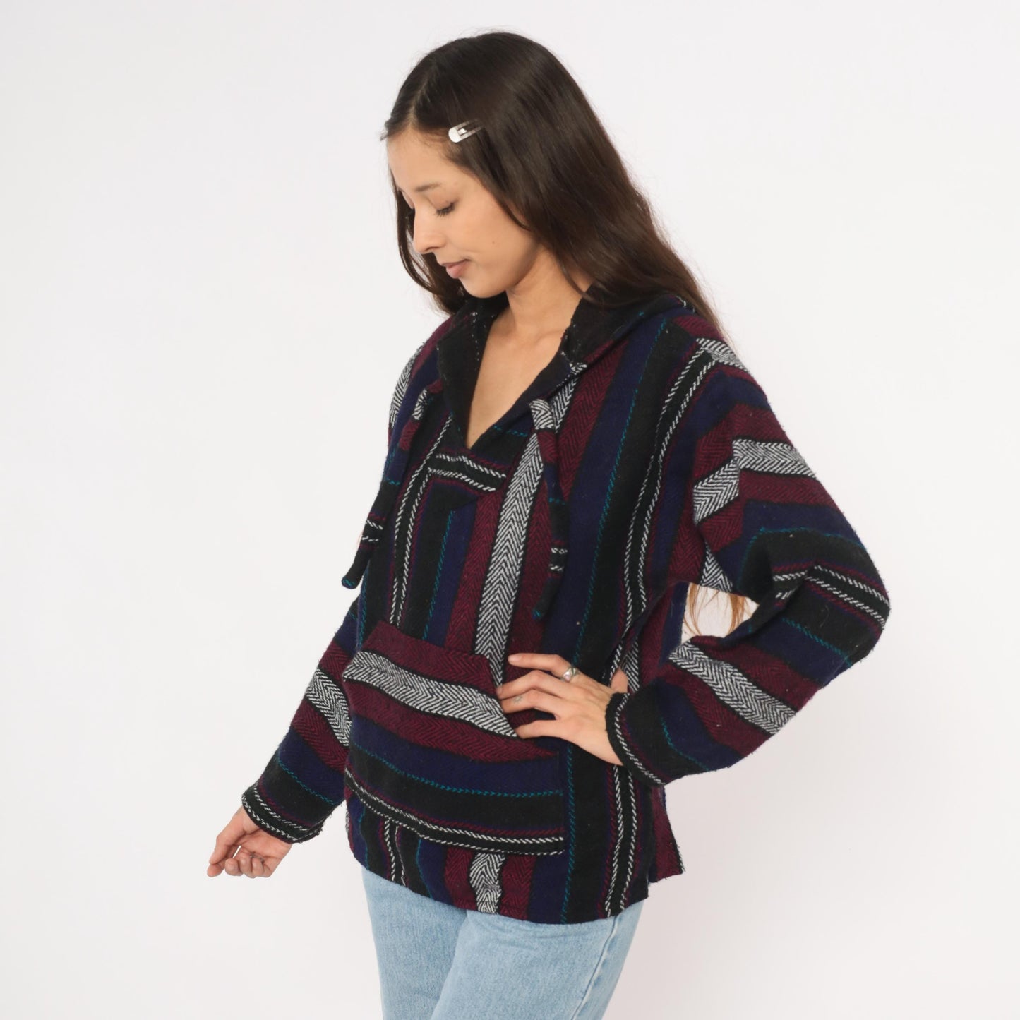 90s Baja Hoodie Striped Navy Burgundy Black Herringbone Weave Small S