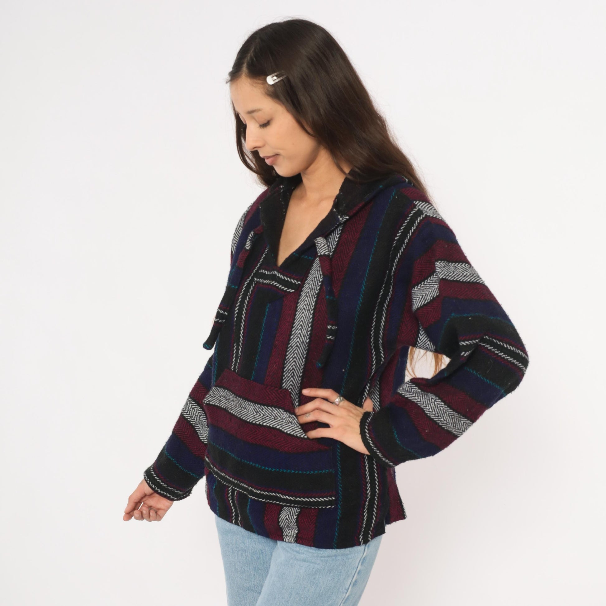 90s Baja Hoodie Striped Navy Burgundy Black Herringbone Weave Small S