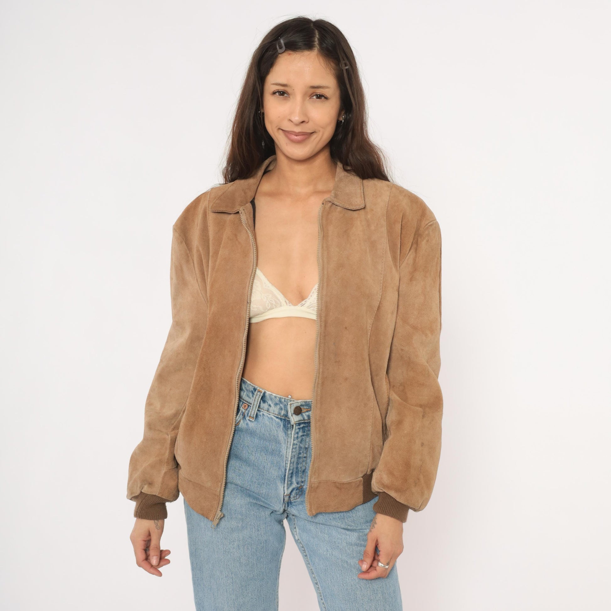 80s Tan Suede Bomber Jacket Zip Front Pointed Collar Ribbed Cuff Medium