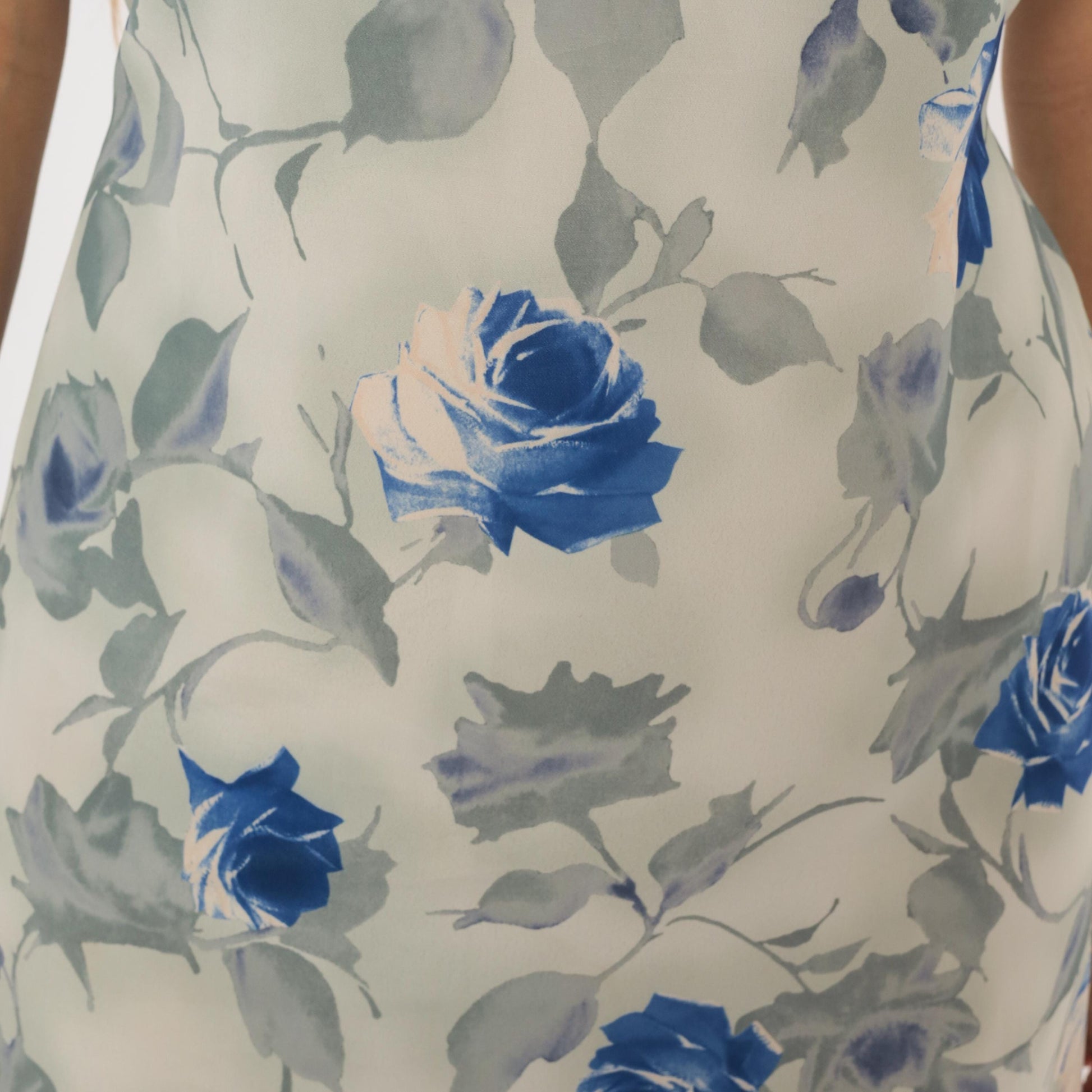 90s Steps Blue Rose Watercolor Midi Dress Ivory Chiffon Cap Sleeve Small S
