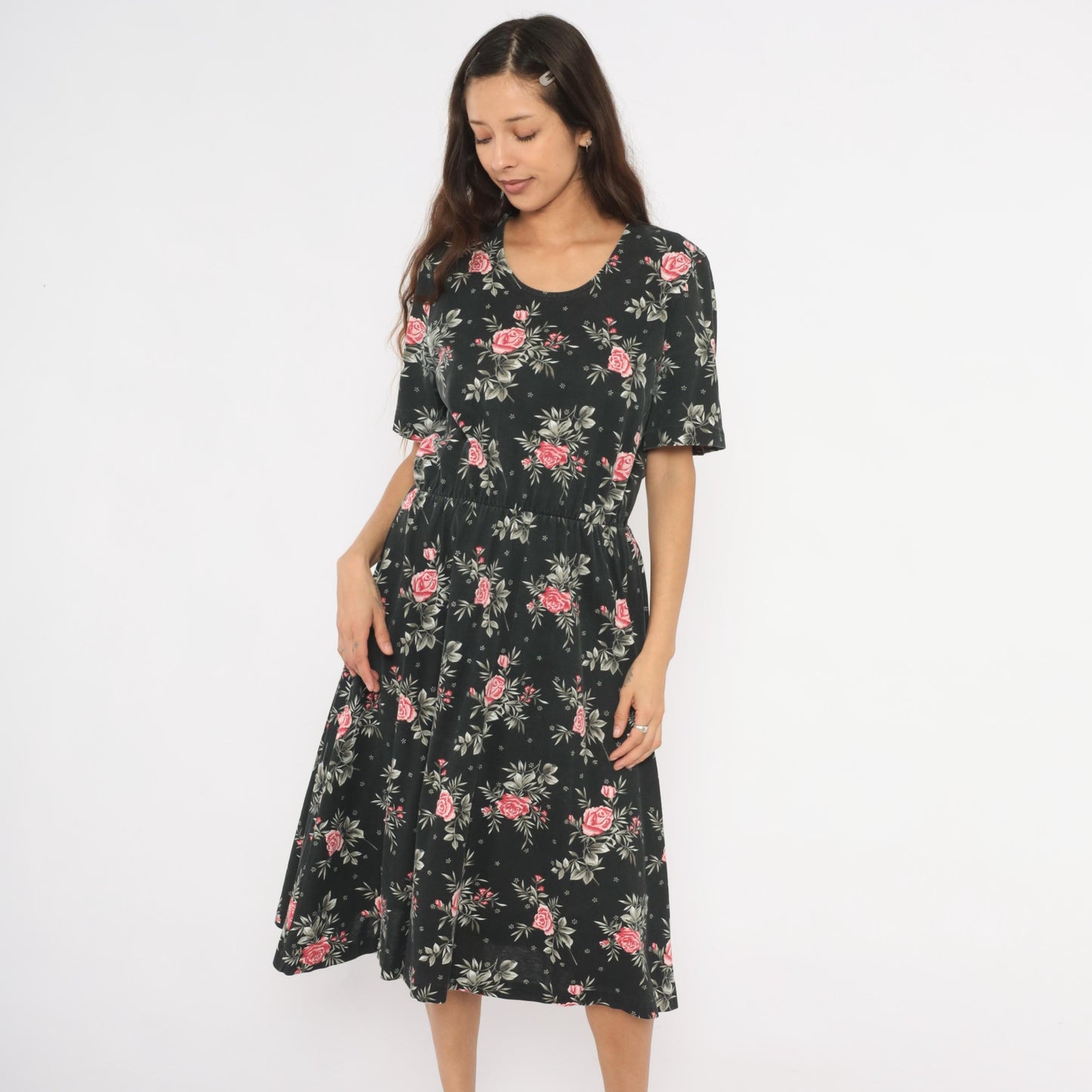 90s Black Midi Dress Pink Rose Floral Print Elastic Waist Cotton Medium M