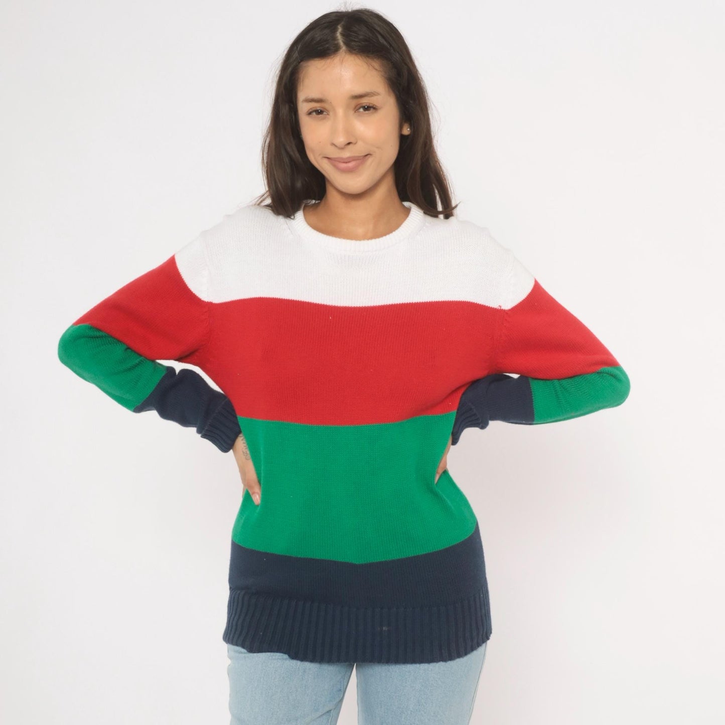 90s Boston Traders Color Block Knit Sweater Navy Green Red White Medium M