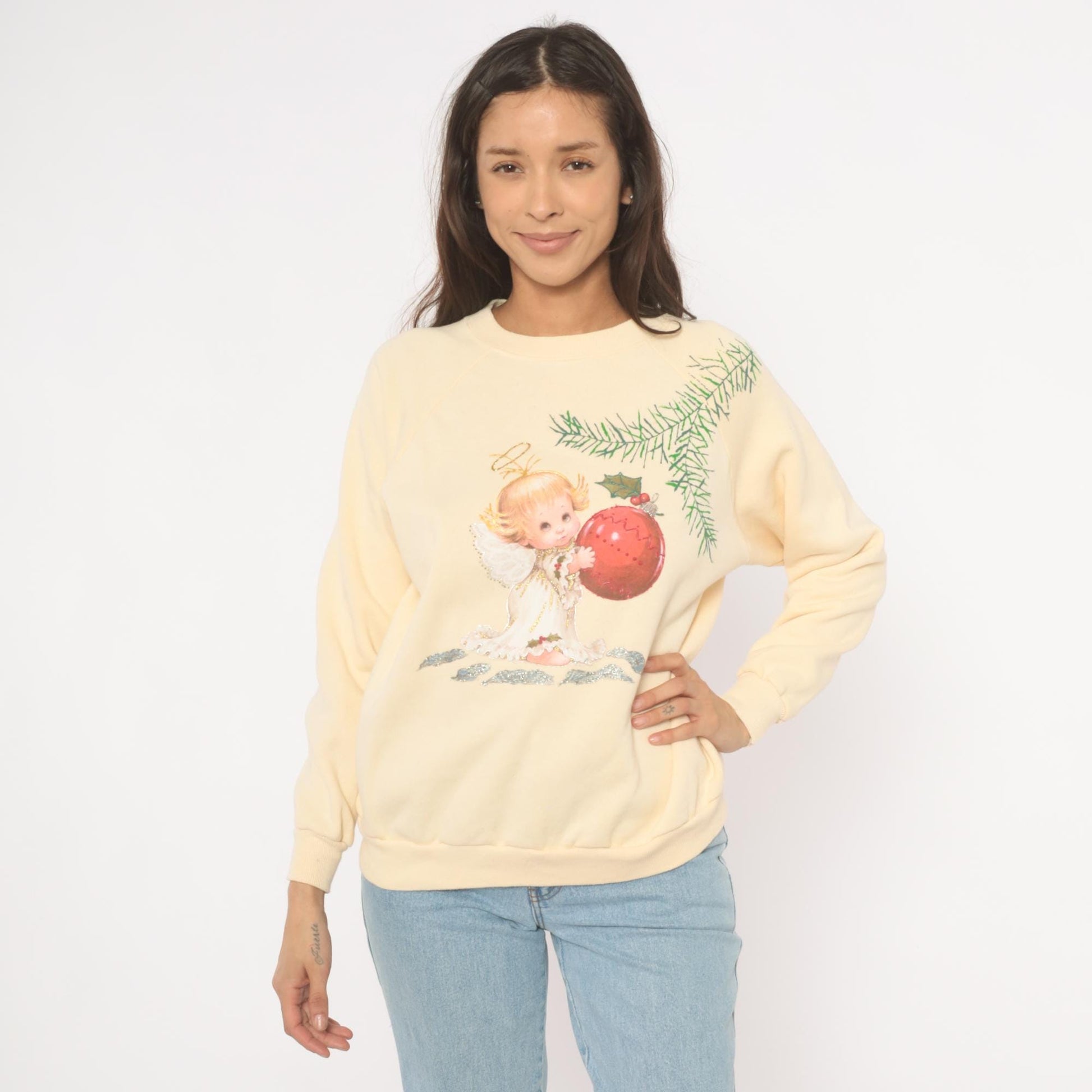 90s Hanes Her Way Christmas Angel Sweatshirt Cream Raglan Graphic Large L