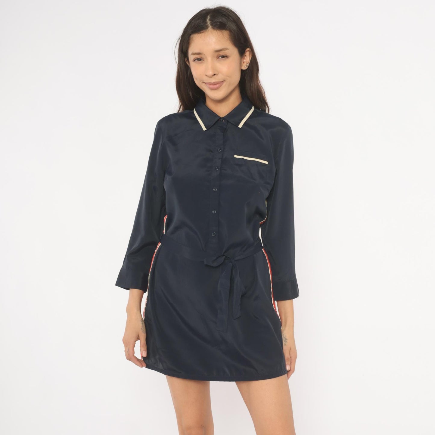 Tommy Hilfiger Navy Mini Dress 2000s Striped Collared Shirt Dress Medium M