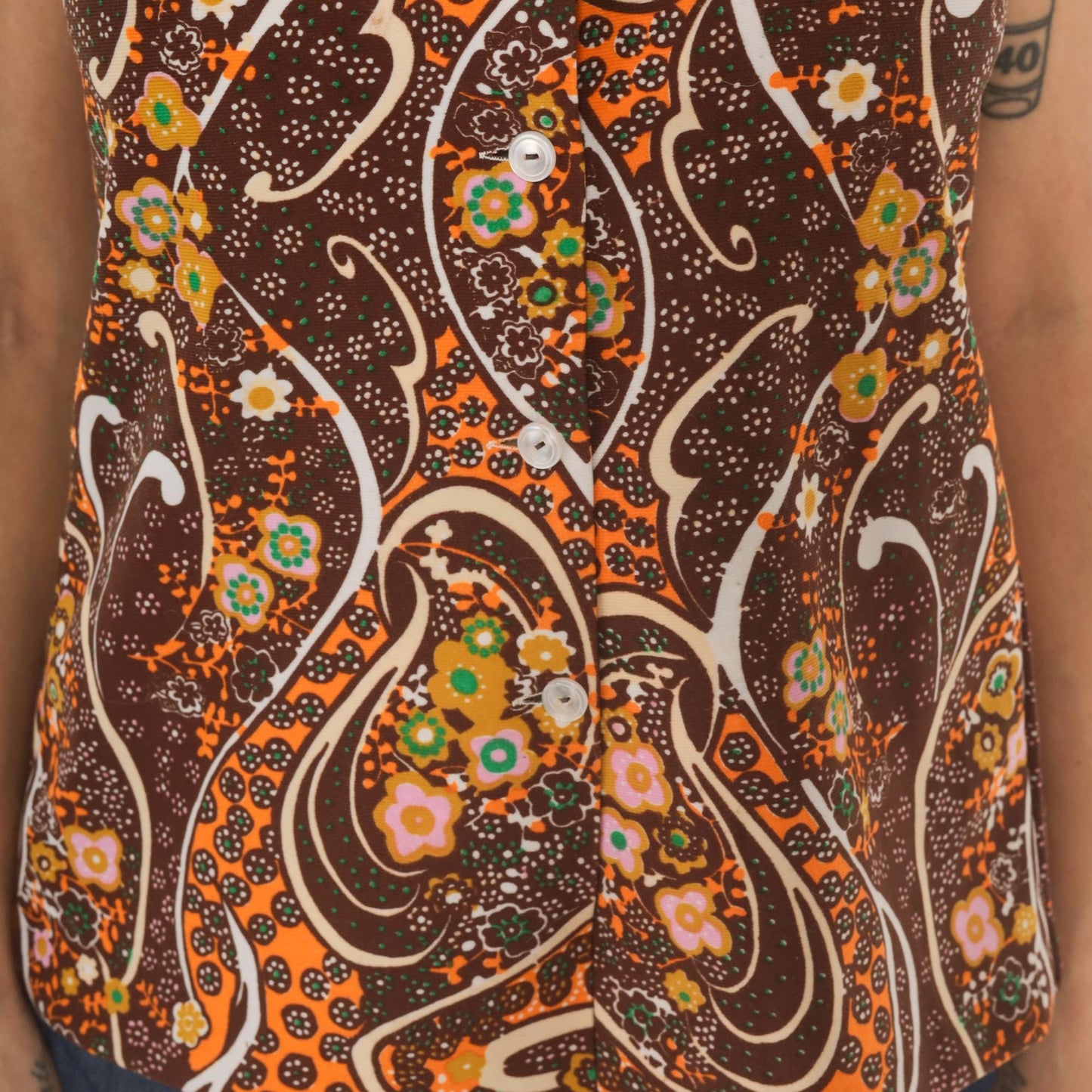 70s Psychedelic Paisley Sleeveless Blouse Brown Orange Floral Swirl Medium M