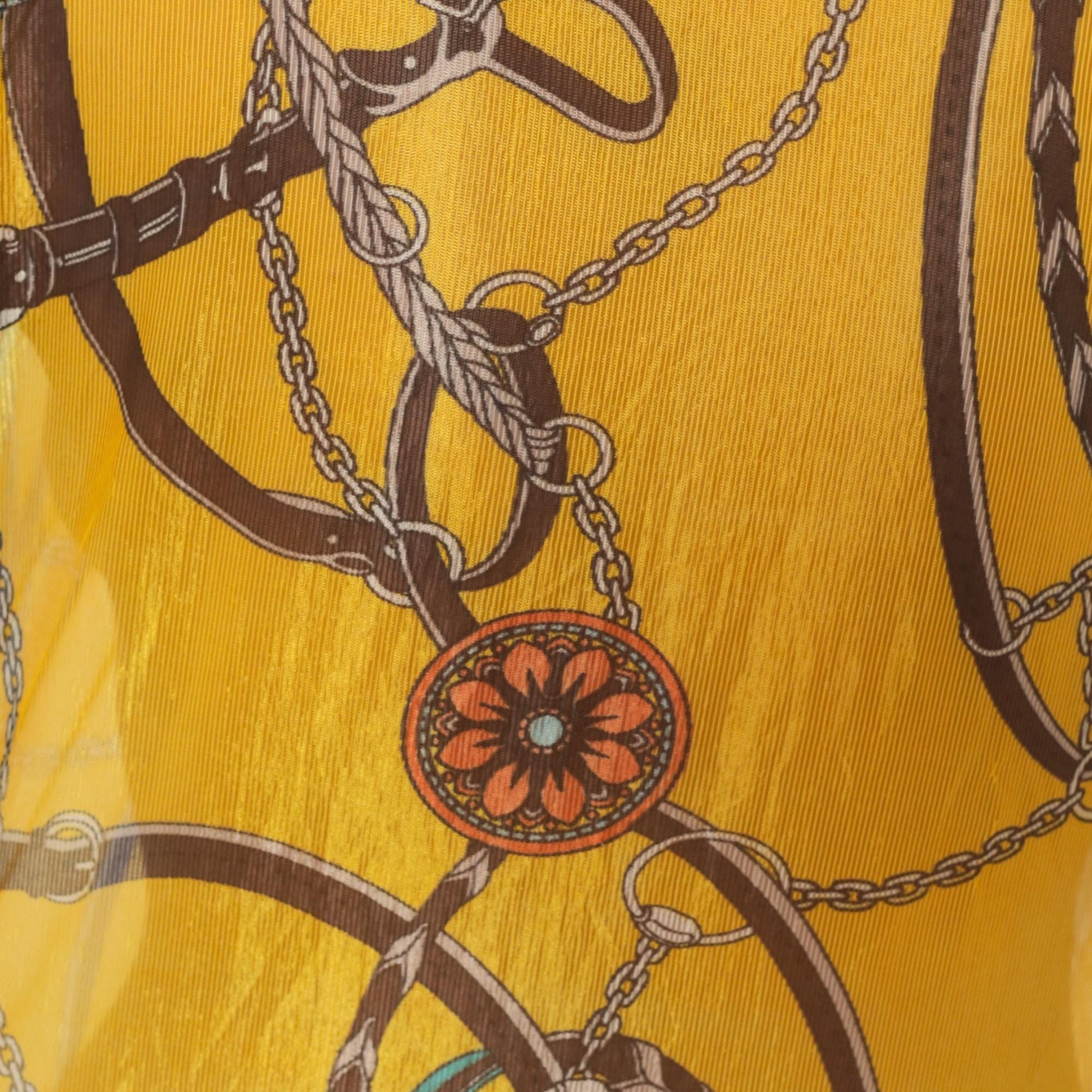 2000s Equestrian Chain Belt Print Sheer Blouse Mustard Gold Long Sleeve Large L