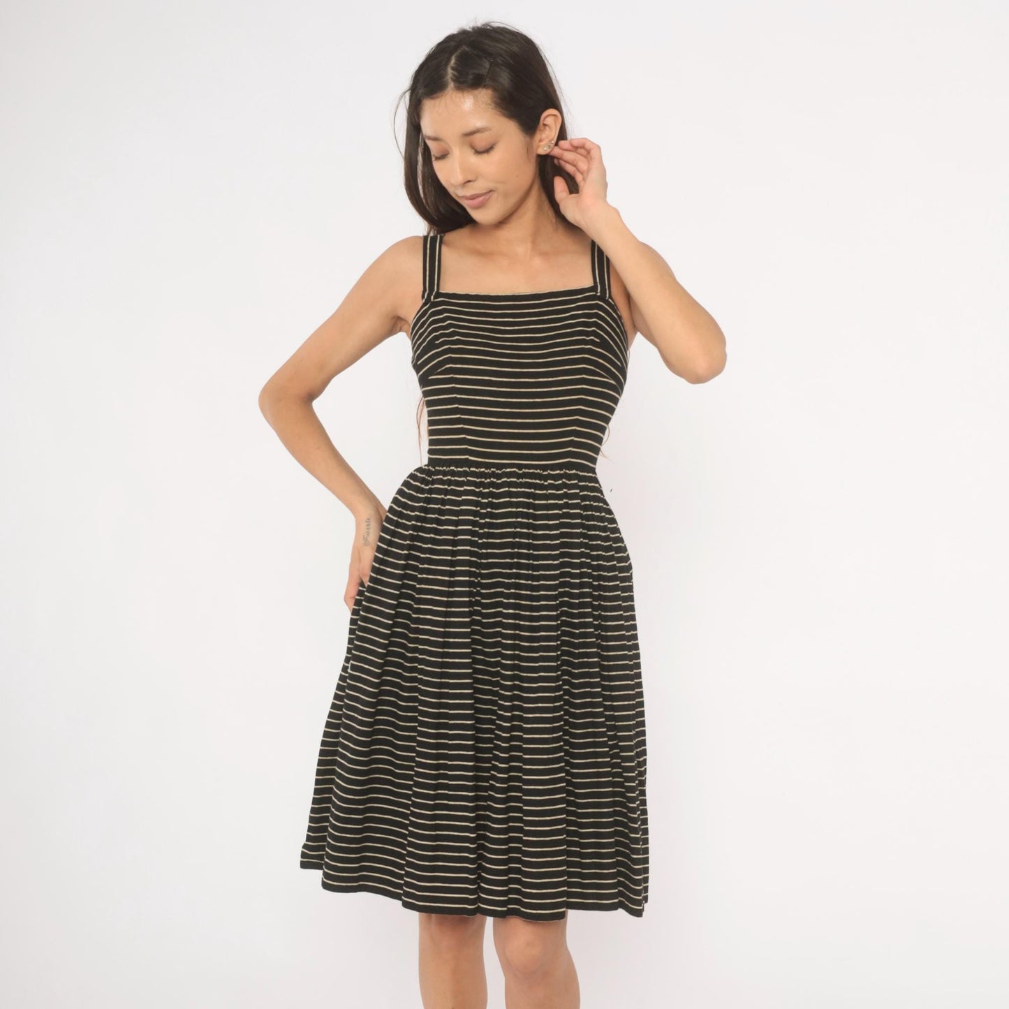 50s Lanz Original Black Pinstripe Sundress Square Neck Spaghetti Strap Extra Small