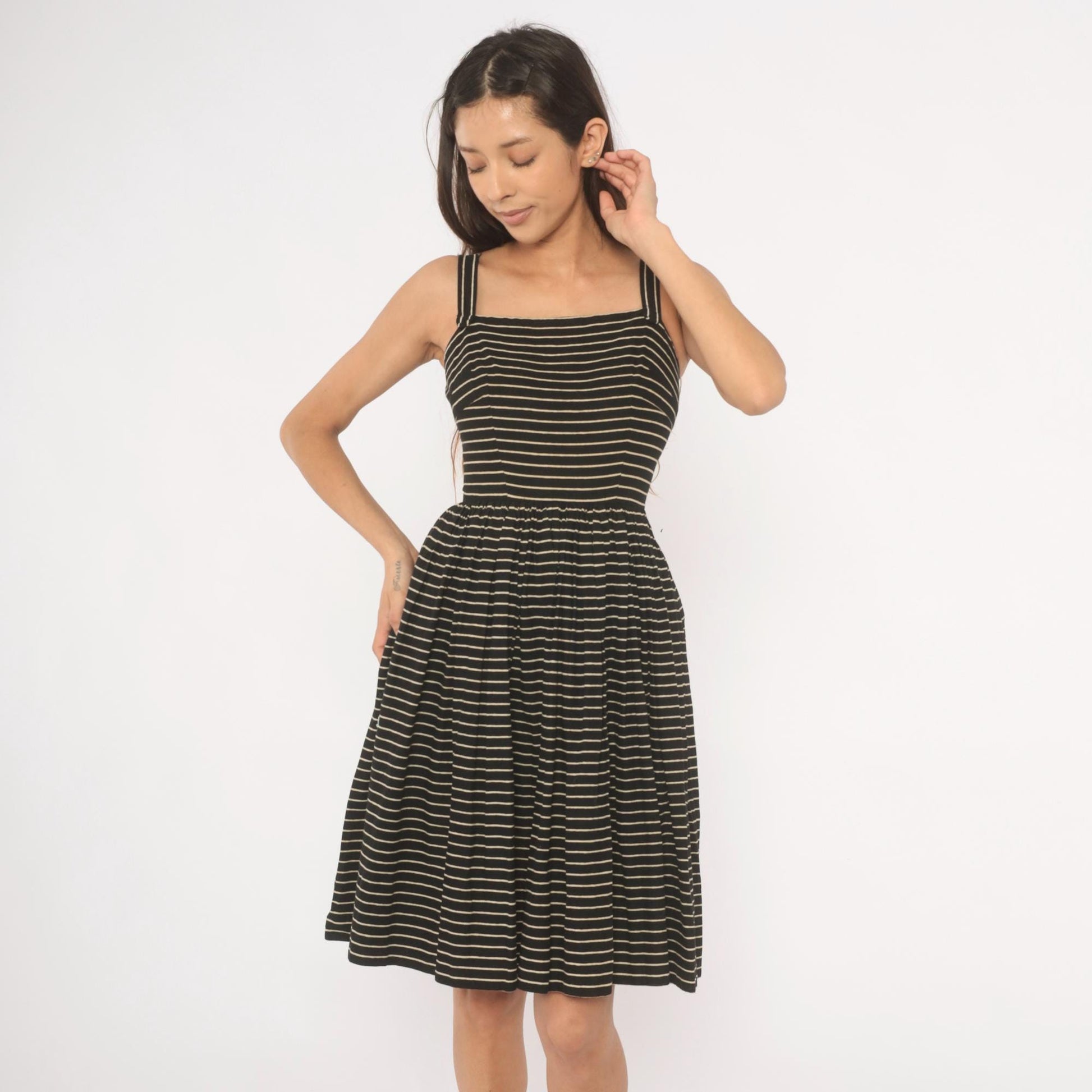 50s Lanz Original Black Pinstripe Sundress Square Neck Spaghetti Strap Extra Small