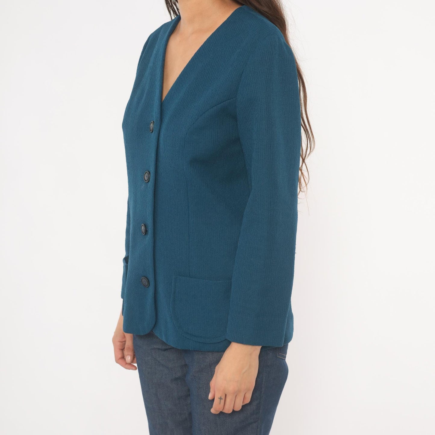 70s Navy Blazer V-Neck Collarless Button-Front Jacket Patch Pockets Small