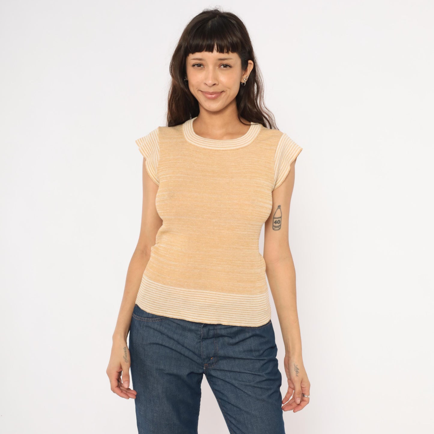 70s Tan Cream Striped Knit Top Cap Sleeve Scoop Neck Small S