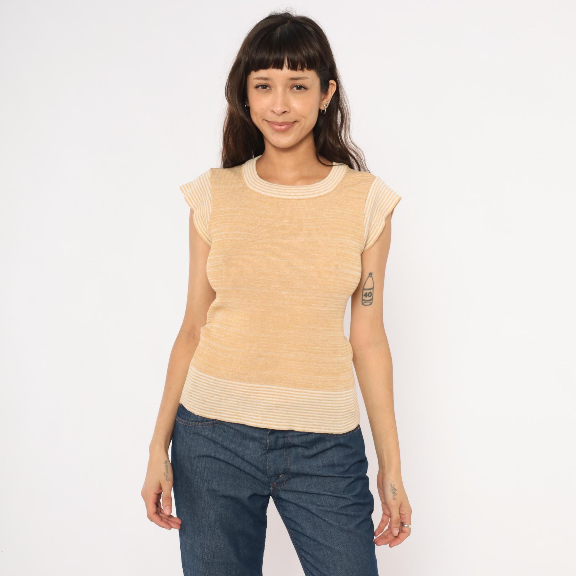 70s Tan Cream Striped Knit Top Cap Sleeve Scoop Neck Small S