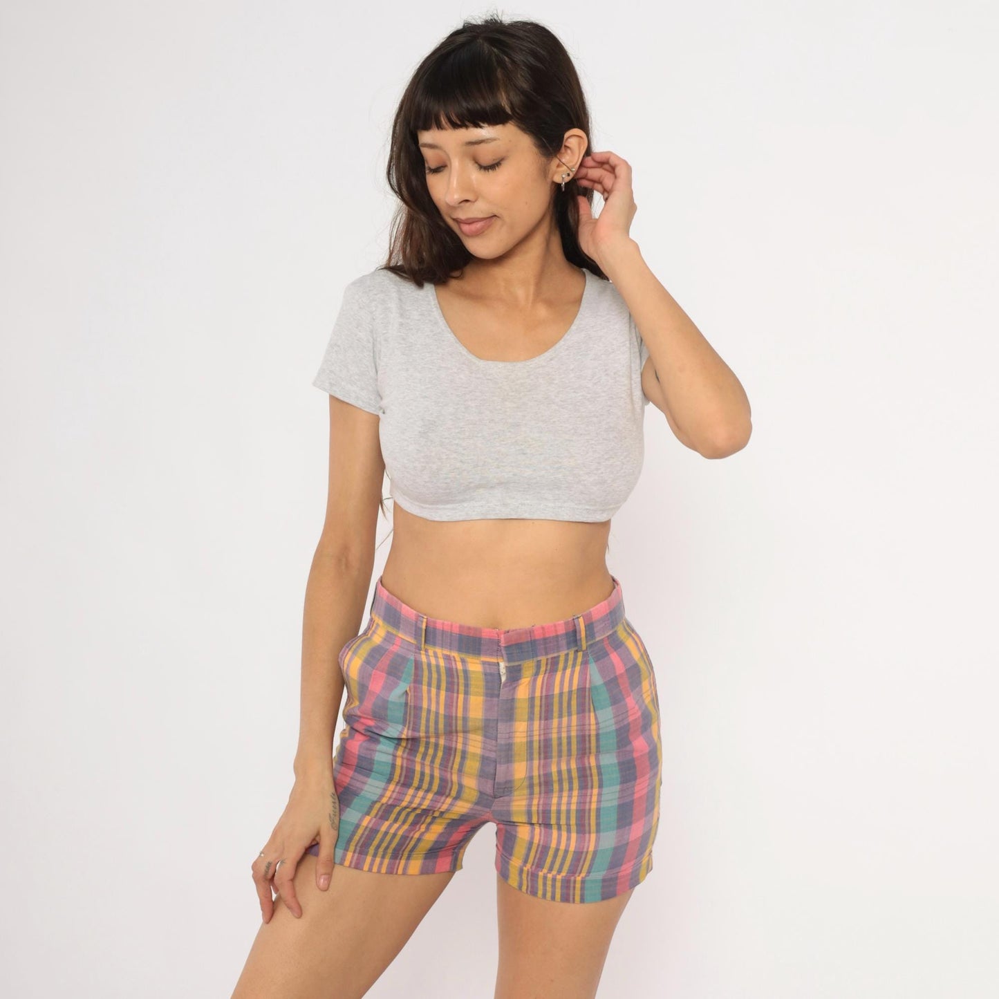 70s Skeets Madras Plaid Shorts Pink Purple Teal High Waist Cotton Medium M