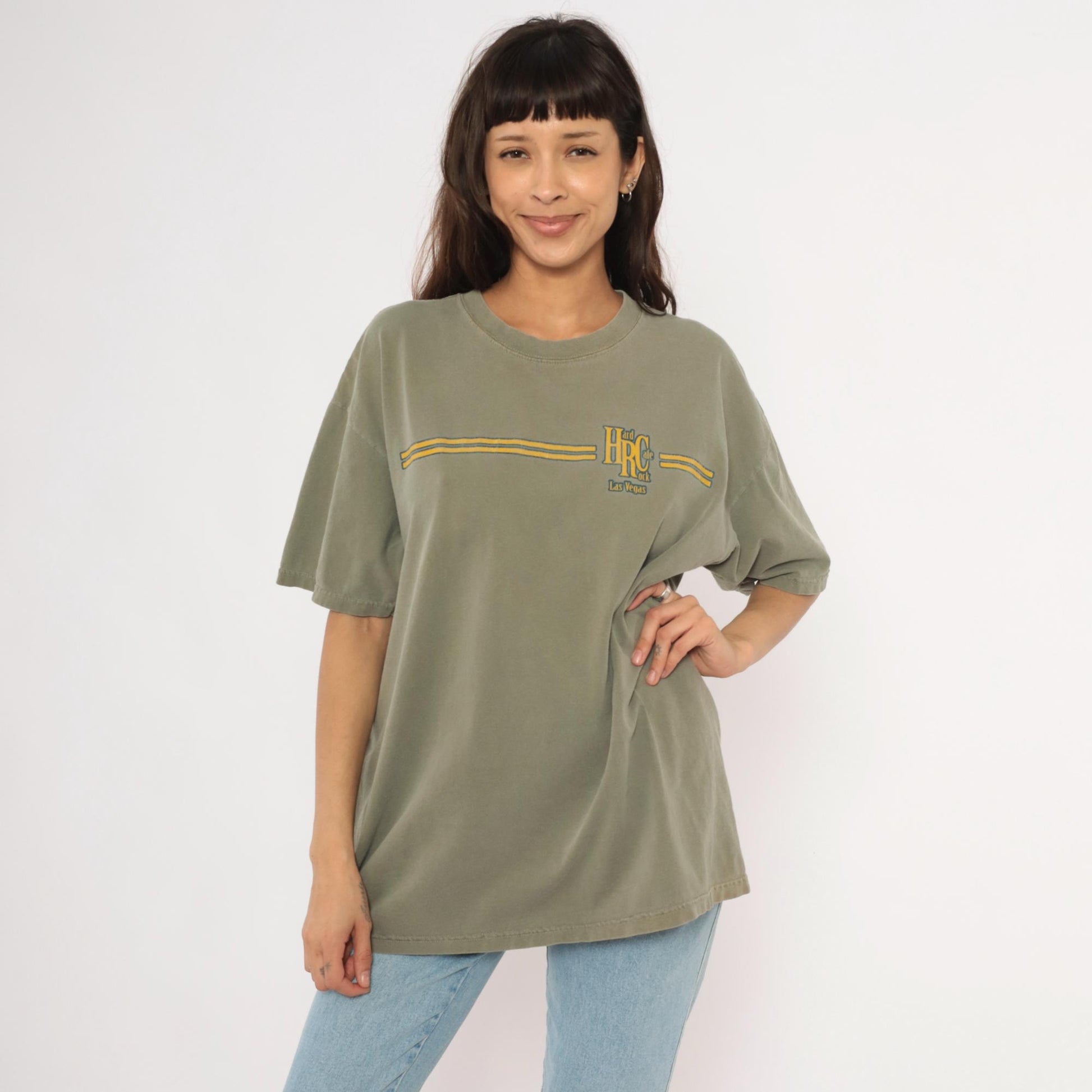 90s Hard Rock Cafe Las Vegas Olive Green Graphic Cotton Tee Extra Large XL