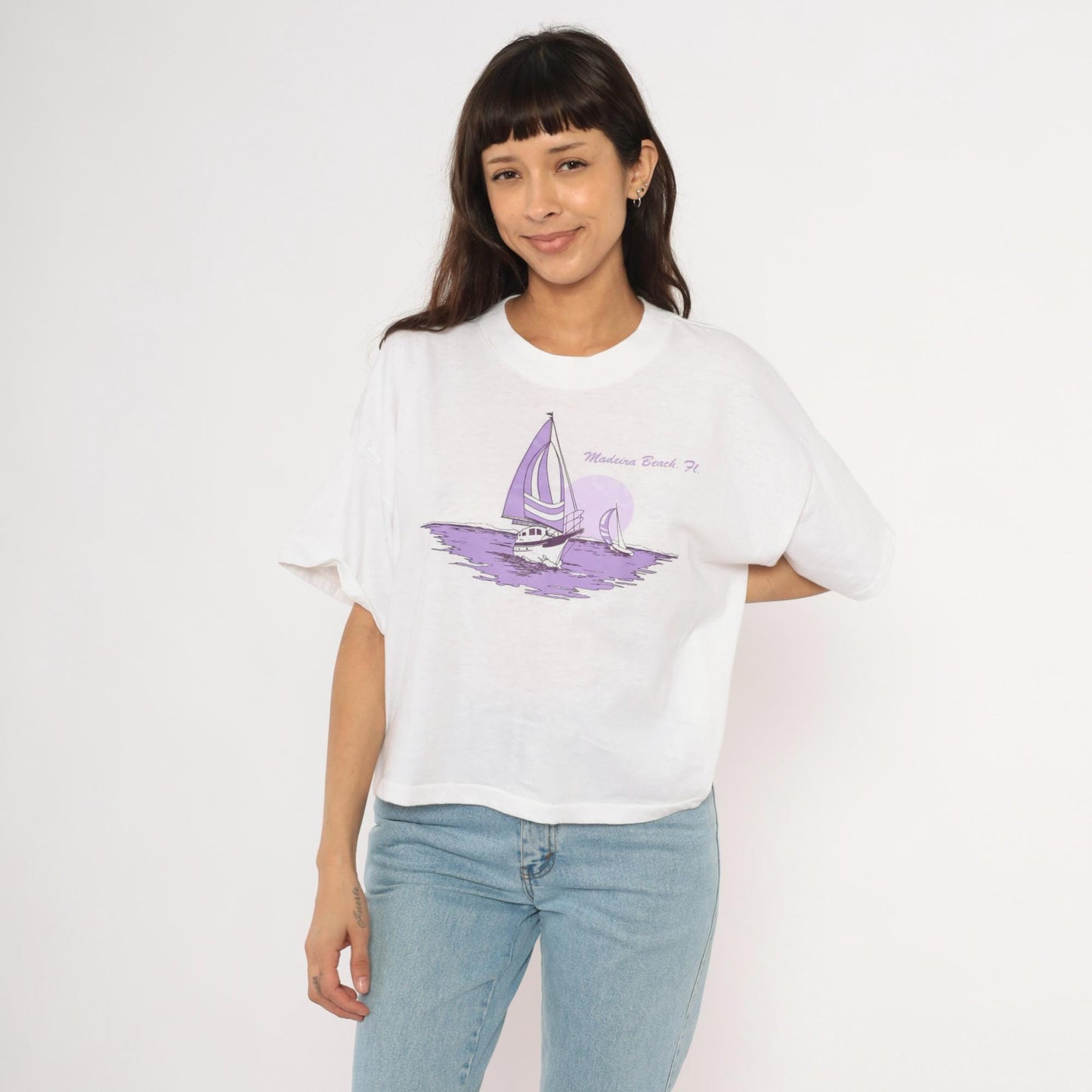 90s Ocean East Sportswear Sailboat Graphic Crop Tee White Purple One Size