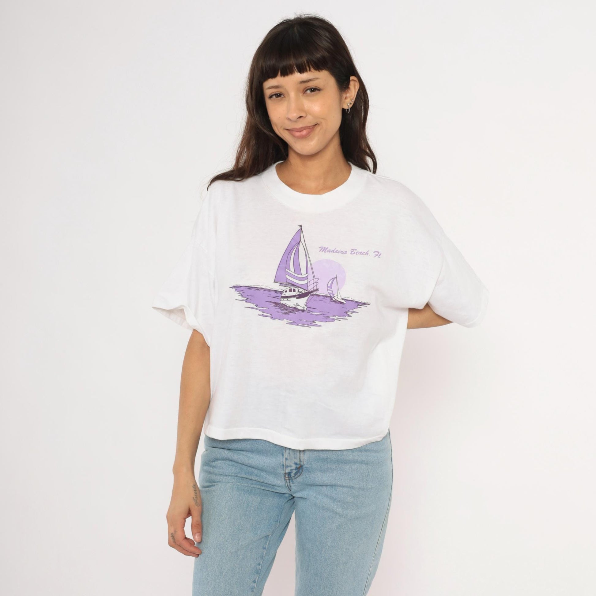 90s Ocean East Sportswear Sailboat Graphic Crop Tee White Purple One Size