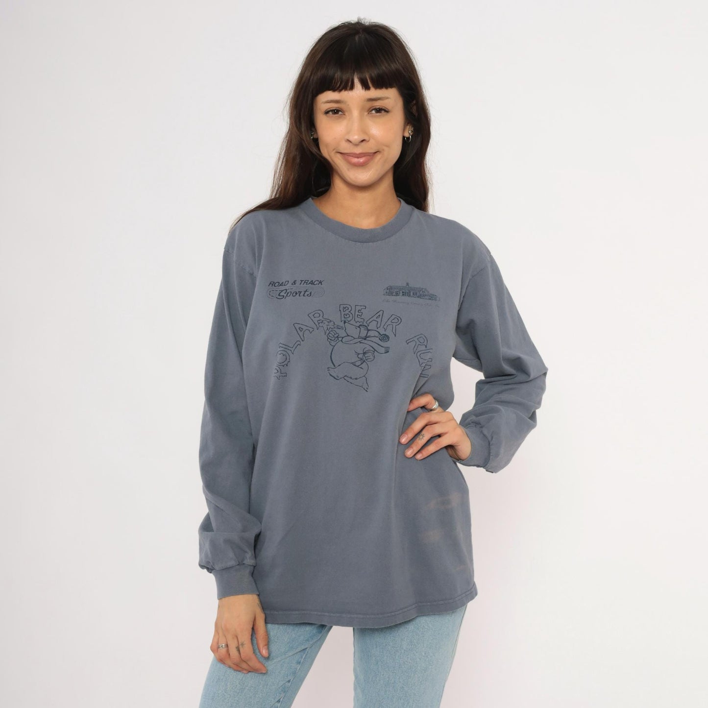 90s Anvil Polar Bear Run Graphic Tee Grey Cotton Long Sleeve Large L