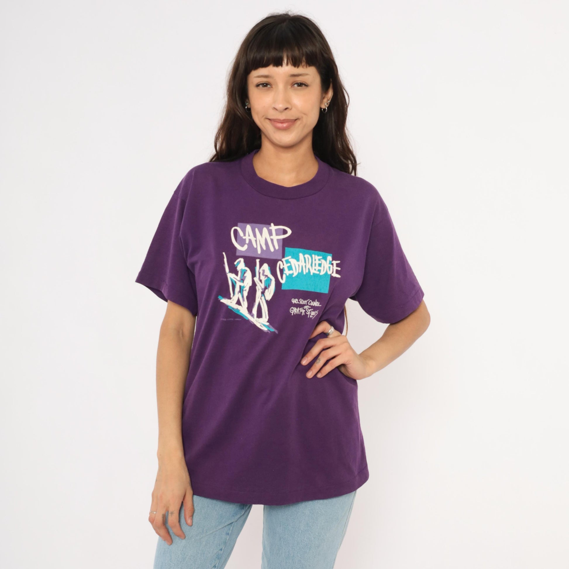 90s Girl Scout Camp Cedarledge Graphic Tee Purple Hiking Print Large L