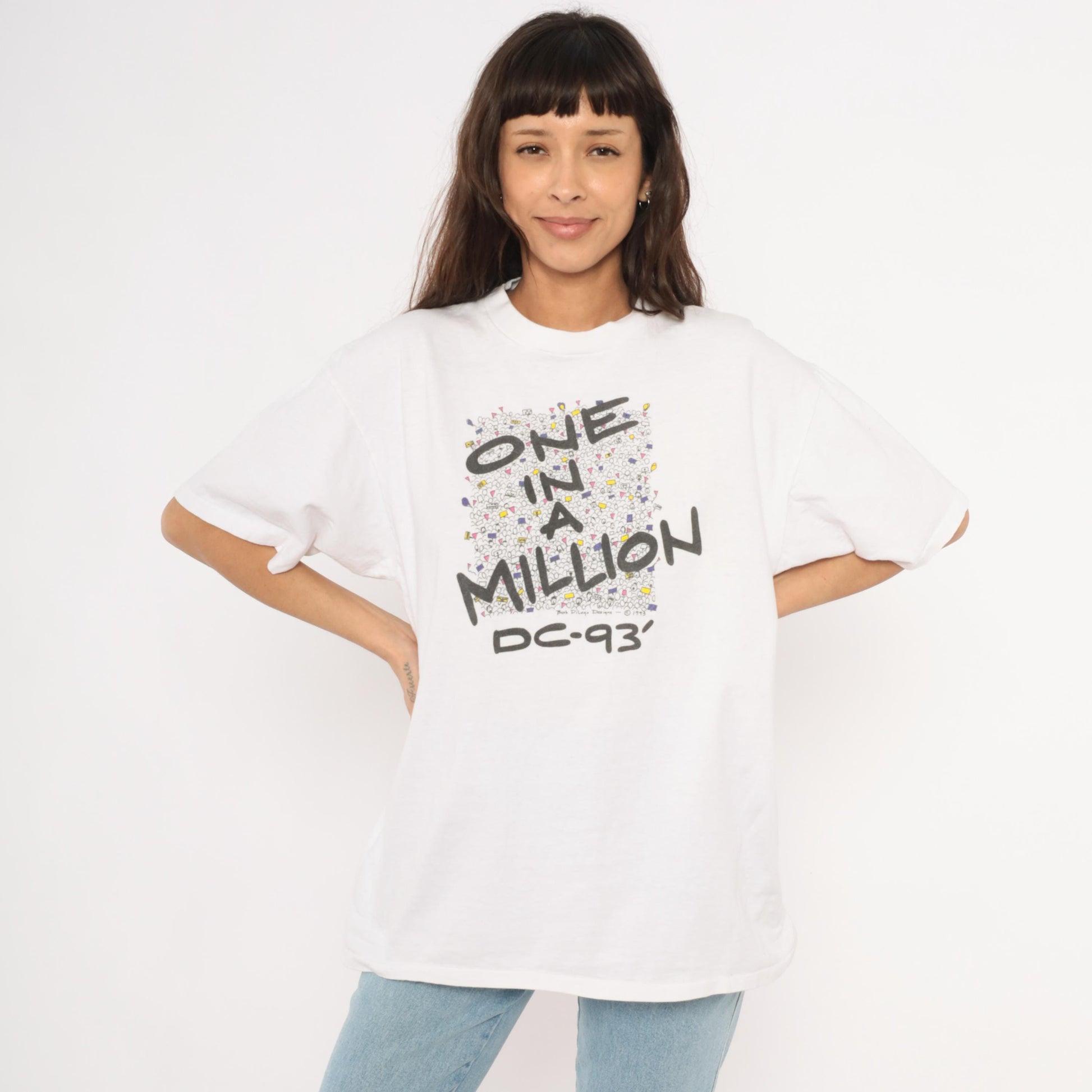 90s Oneita One In A Million DC 93 Crowd Graphic Tee White Cotton Extra Large XL