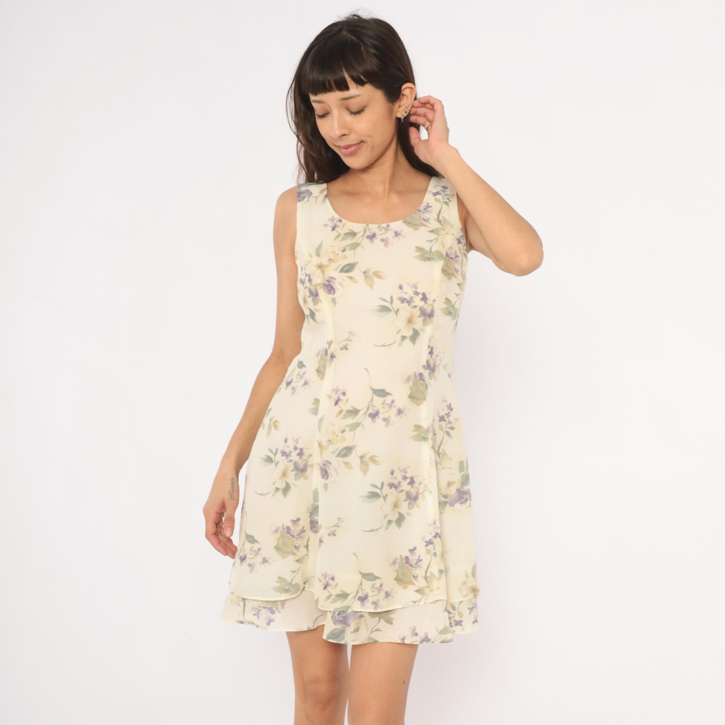 90s Scarlett Floral Chiffon Mini Dress Cream Crossback Scoop Neck Small S