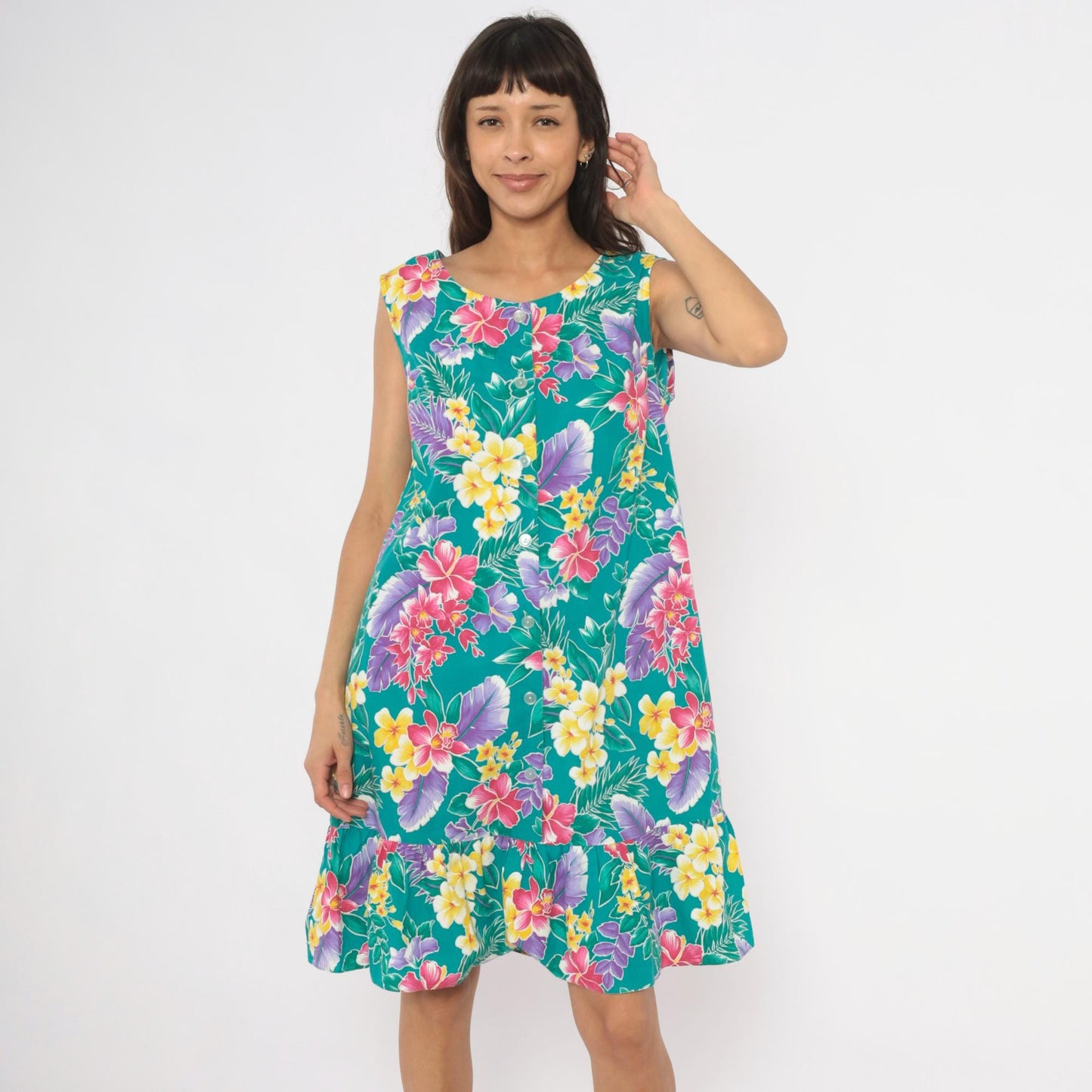 80s Kayla G Tropical Floral Sundress Teal Hawaiian Shift Knee-Length Extra Large XL