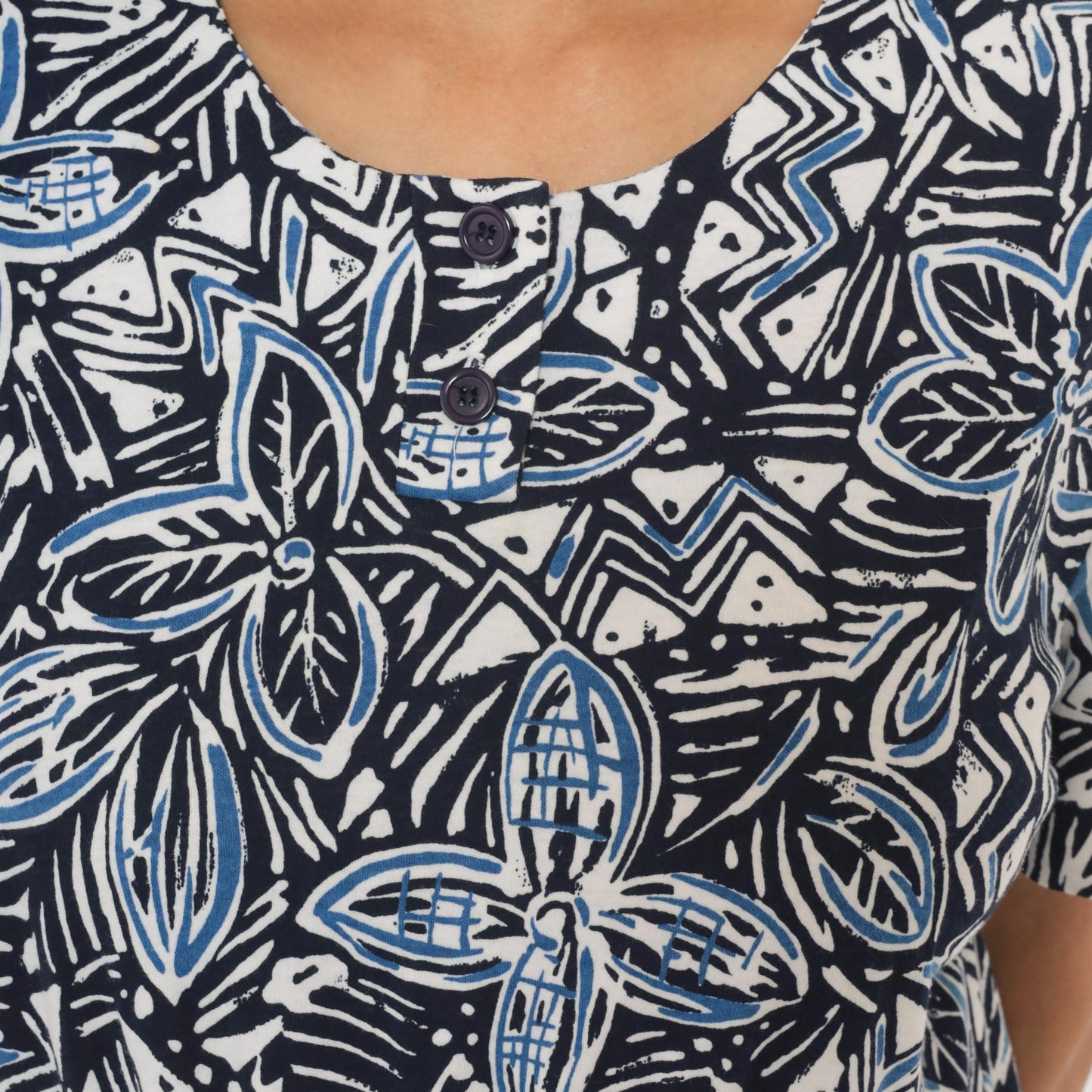 90s Via Sant Andrea Navy Floral Midi Dress Cotton Henley Button Short Sleeve Large L