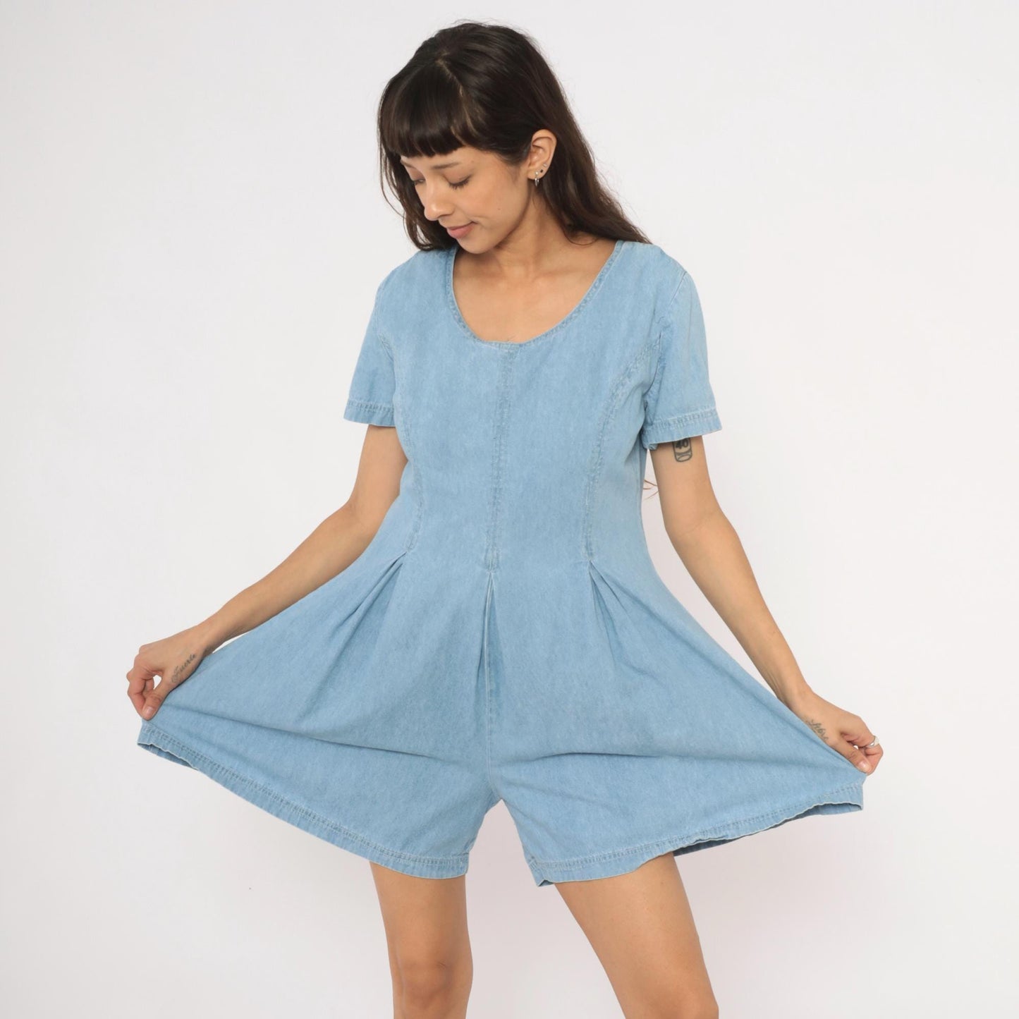 90s Styleworks Denim Romper Light Blue Scoop Neck Pleated Waist Medium M
