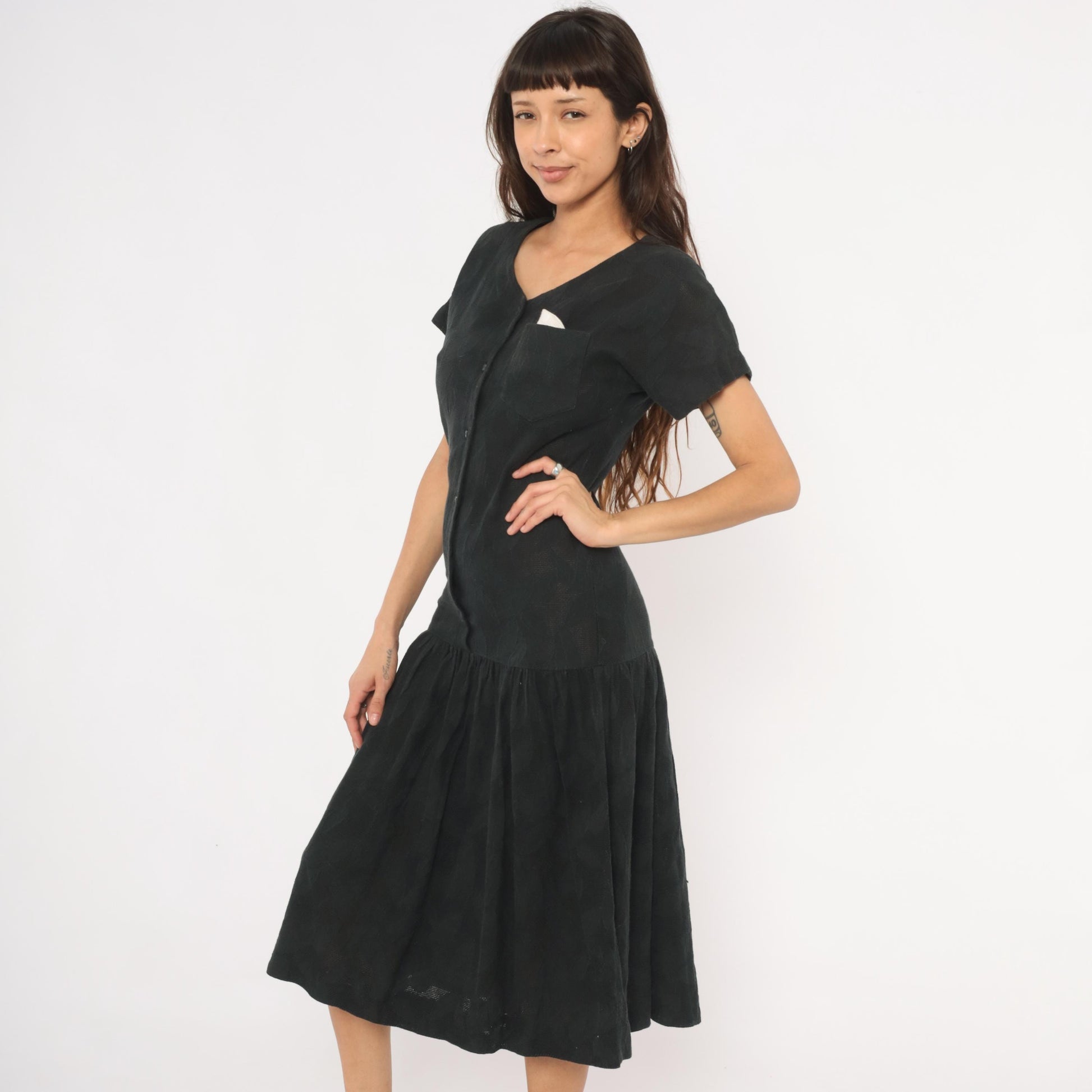 90s Black Cotton Midi Dress Button Front V Neck Drop Waist Small S
