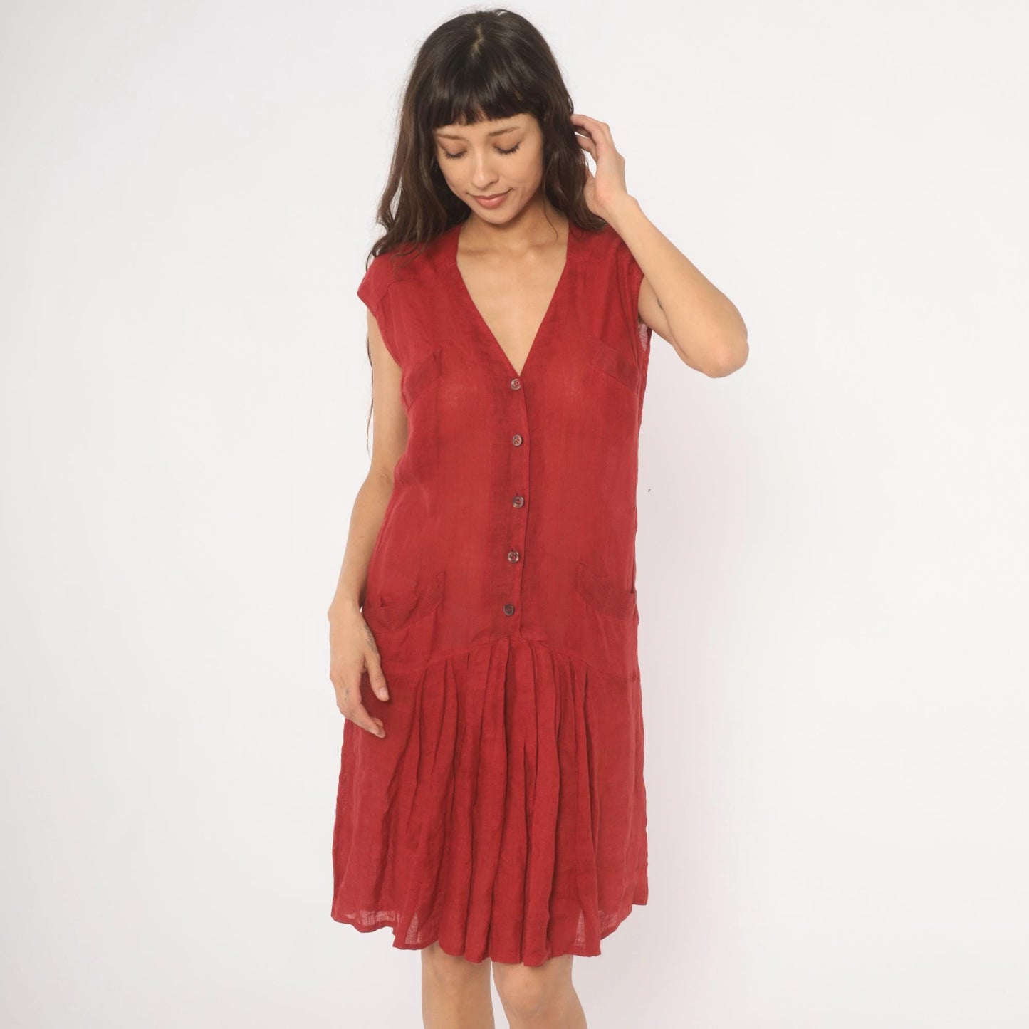90s Laura Biagiotti Red Linen Dress V Neck Cap Sleeve Drop Waist Medium