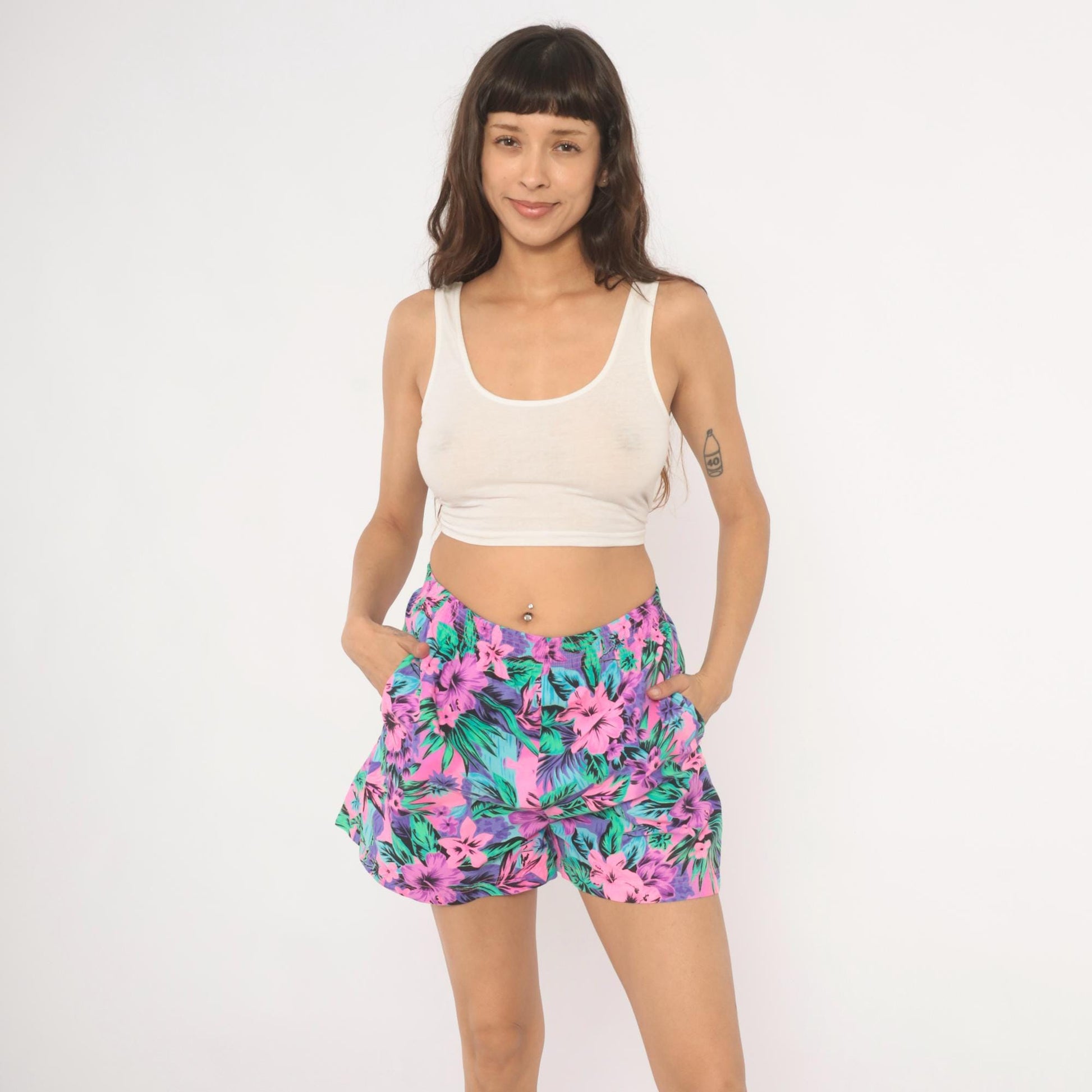 90s Op Neon Tropical Floral Shorts Pink Purple Green Hibiscus Medium M