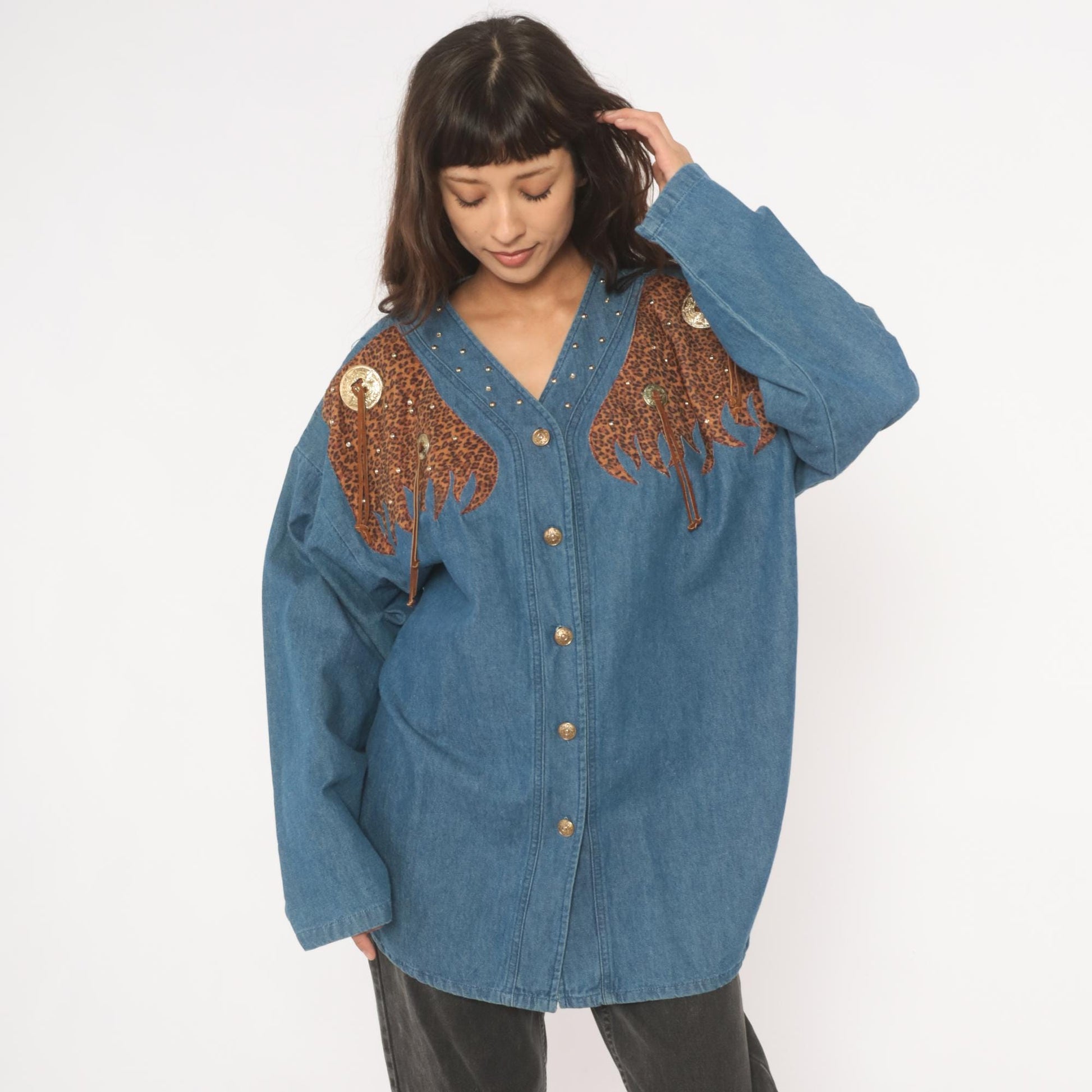 80s Western Leopard Denim Shirt Cotton Studded V-Neck Concho Fringe Large L